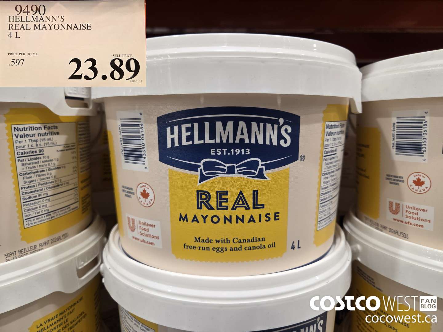 9490 HELLMANN'S REAL MAYONNAISE 4L $23.89
