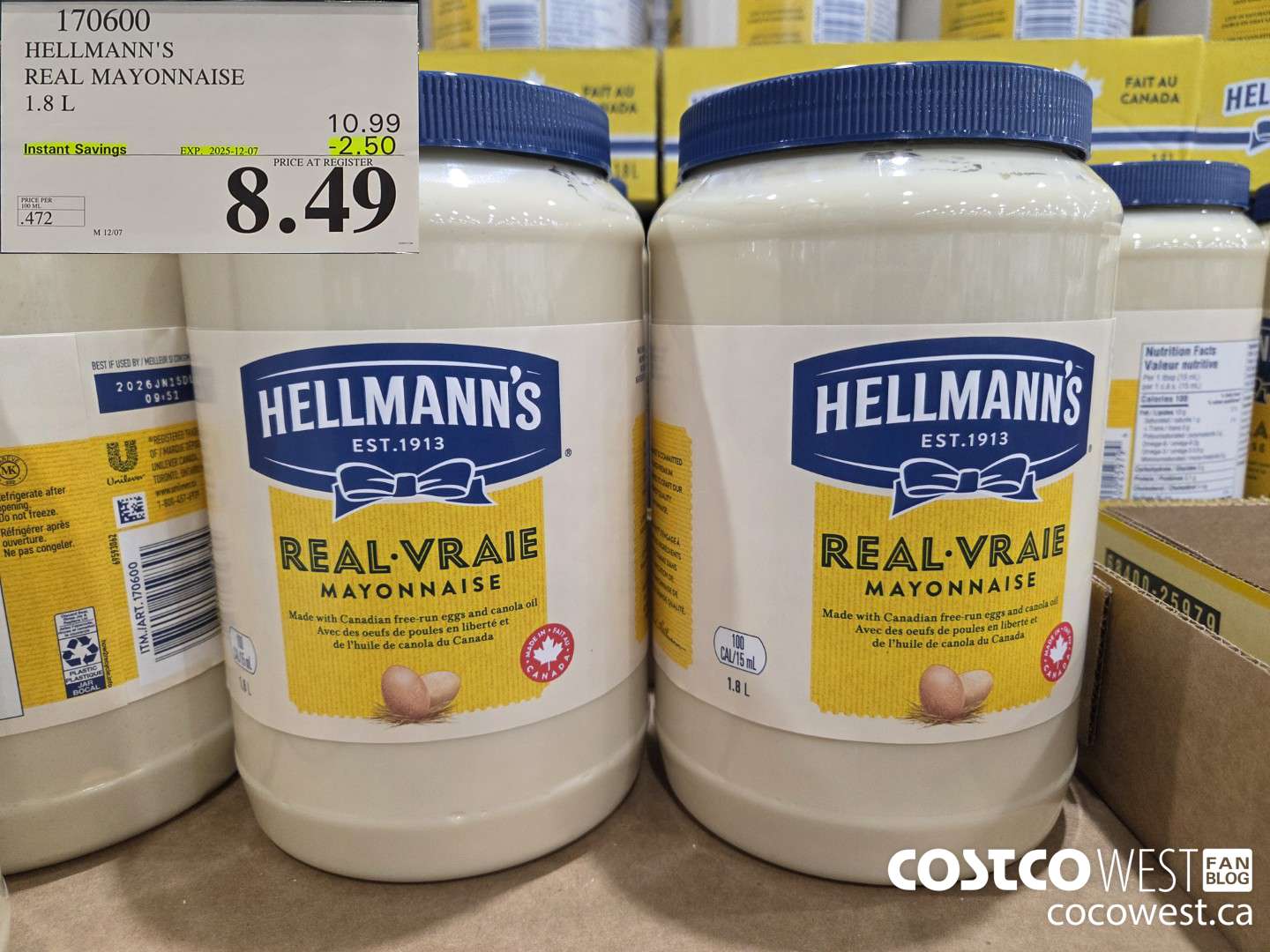 170600 HELLMANN'S REGULAR MAYONNAISE 1.8 L ($2.50 INSTANT SAVINGS EXPIRES ON 2025-12-07) $8.49