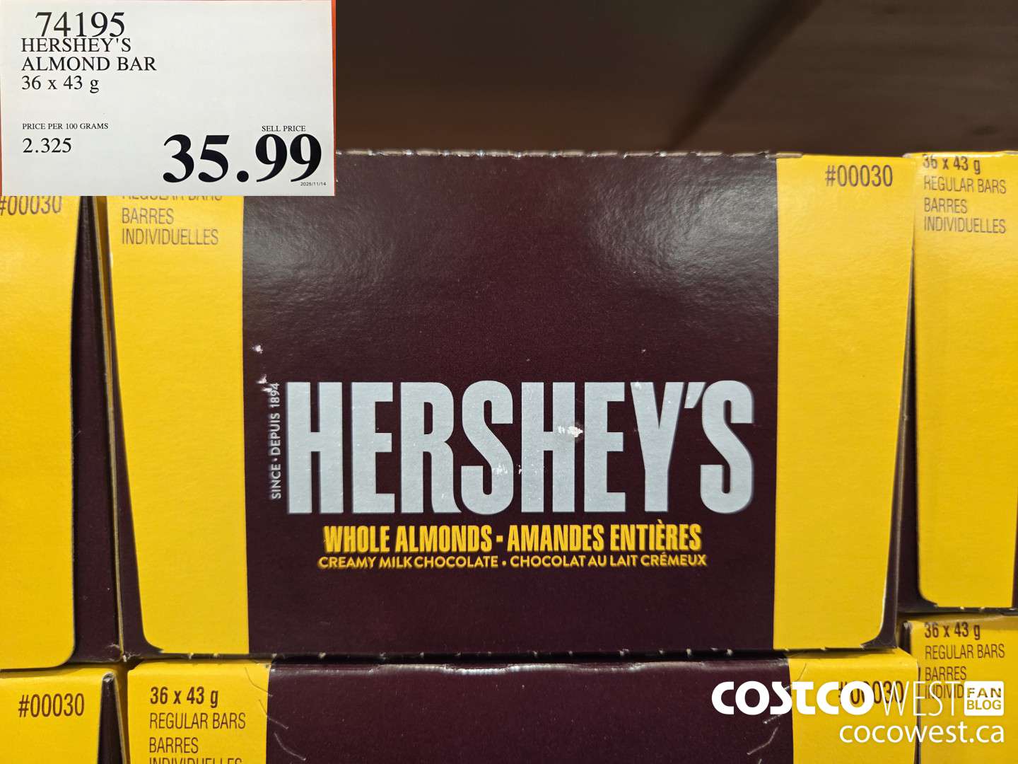 74195 HERSHEY'S ALMOND BAR 36 x 43 g $35.99