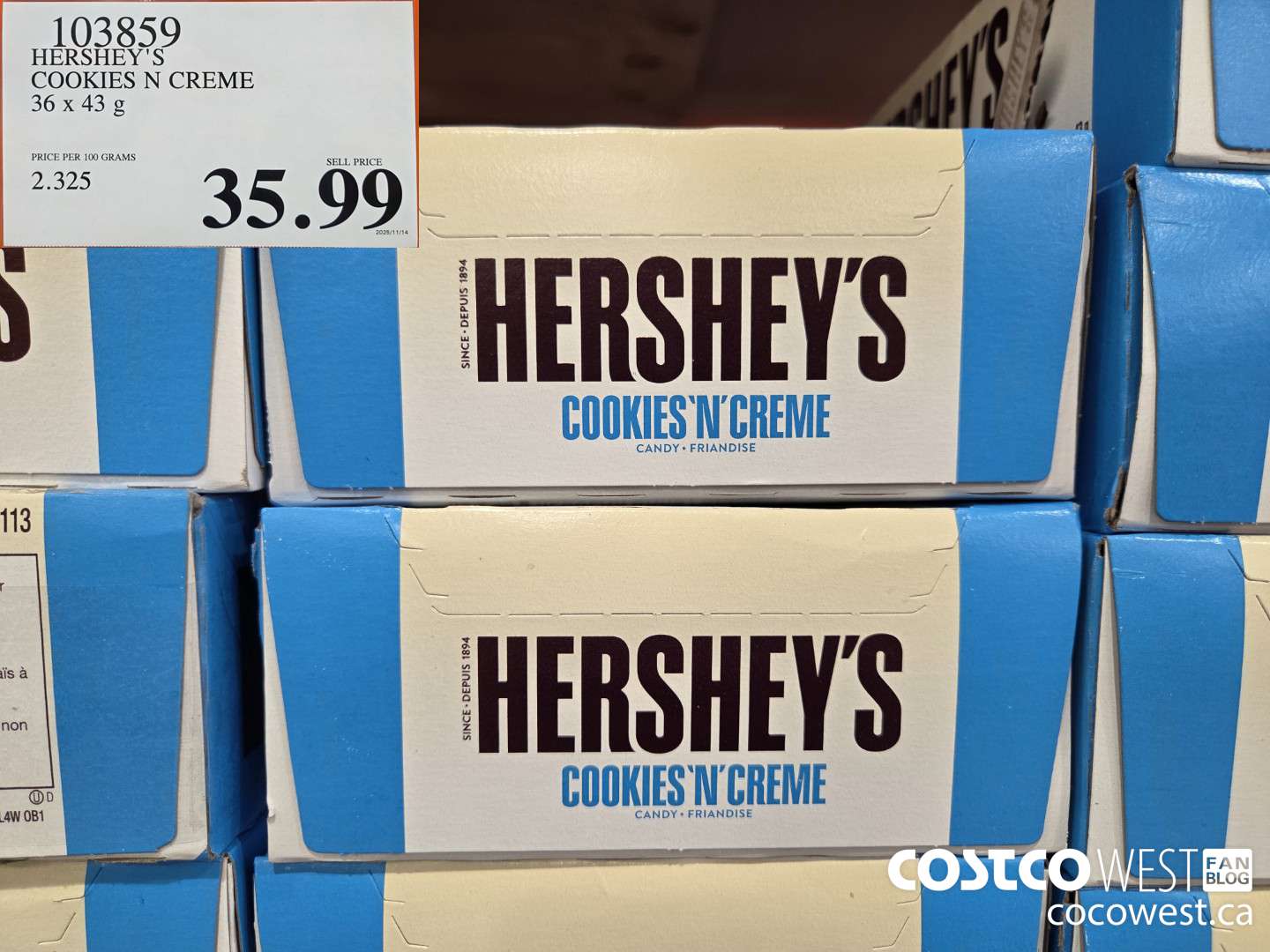 103859 HERSHEY'S COOKIES N CREME 36 x 43 g $35.99