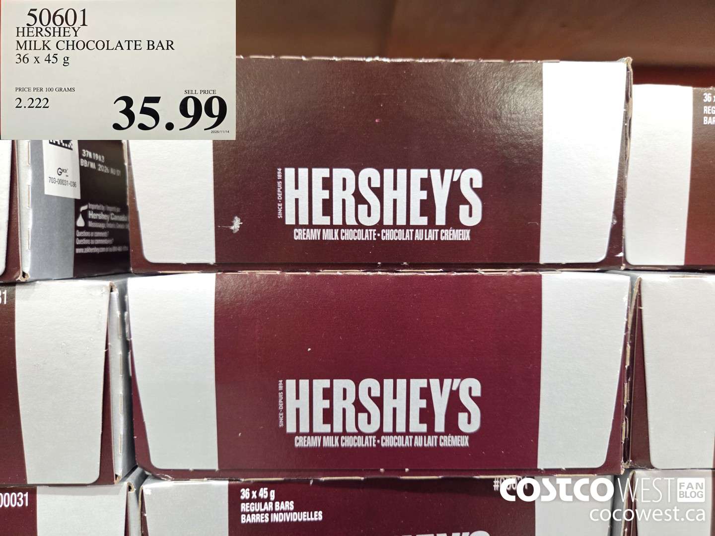 50601 HERSHEY MILK CHOCOLATE BAR 36 x 45 g $35.99