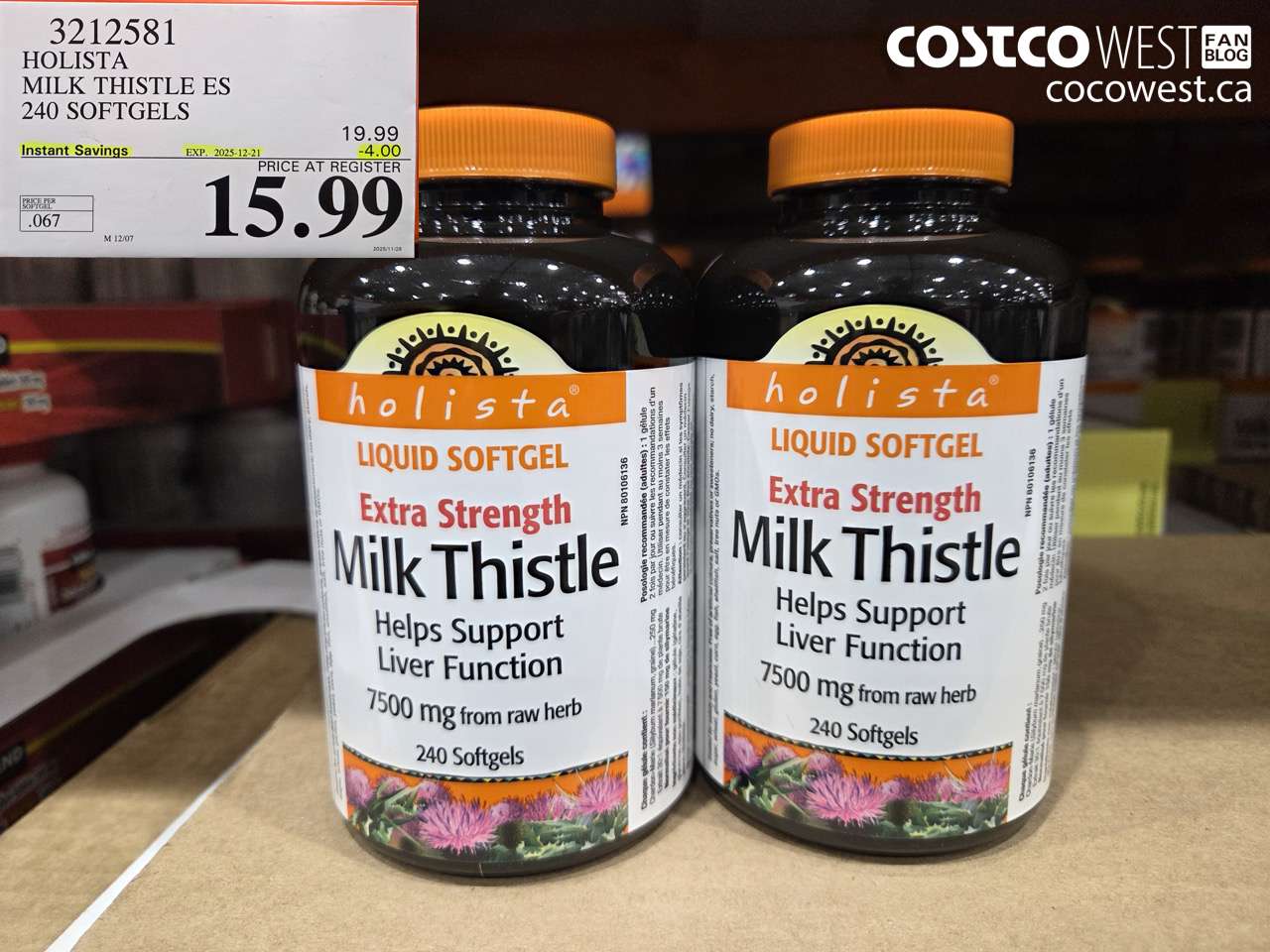 3212581 HOLISTA MILK THISTLE ES 250 mg 240 softgels ($4.00 INSTANT SAVINGS EXPIRES ON 2025-12-21) $15.99