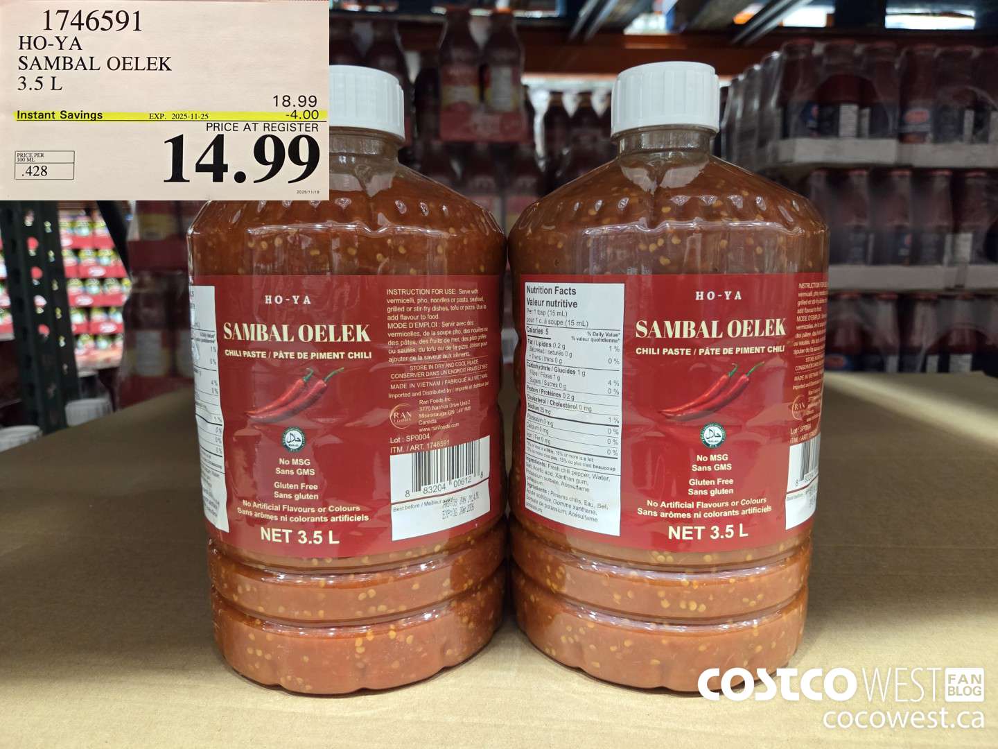 1746591 HO-YA SAMBAL OELEK 3.5 L ($4.00 INSTANT SAVINGS EXPIRES ON 2025-11-25) $14.99
