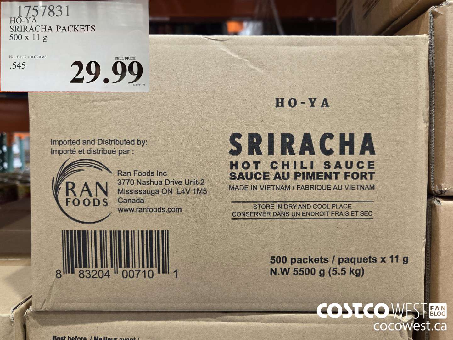 1757831 HO-YA SRIRACHA PACKETS 500 x 11 g $29.99