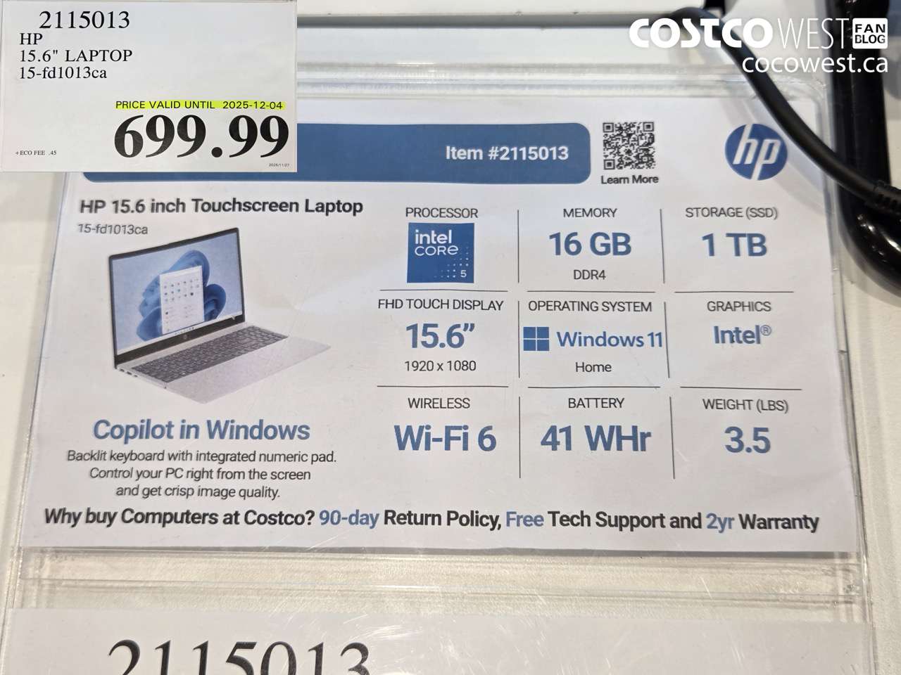 2115013 HP 15.6 LAPTOP 15-fd1013ca (EXPIRES ON 2025-12-04) $699.99