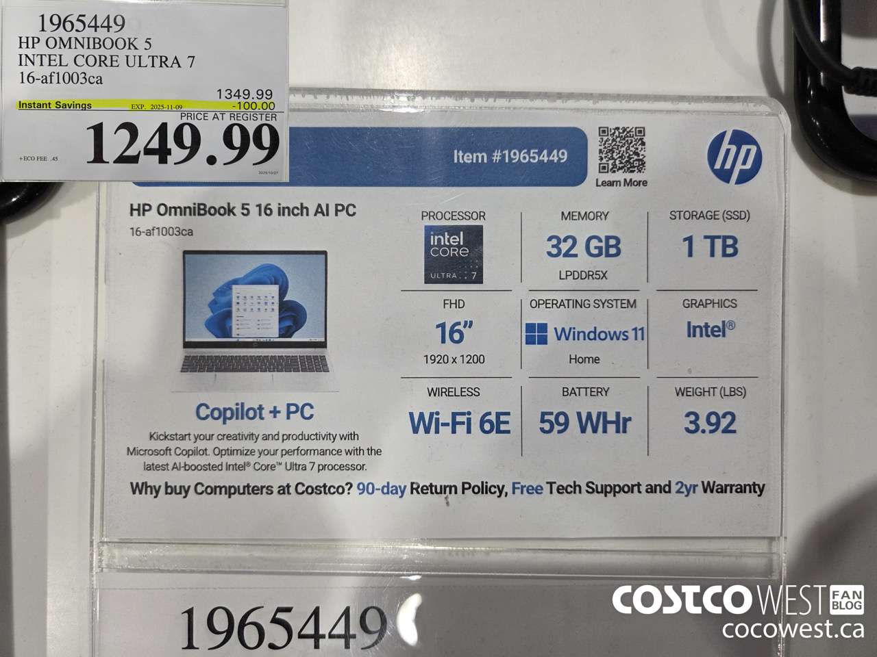 1965449 HP OMNIBOOK 5 INTEL CORE ULTRA 7 16-AF1003CA ($100.00 INSTANT SAVINGS EXPIRES ON 2025-11-09) $1249.99