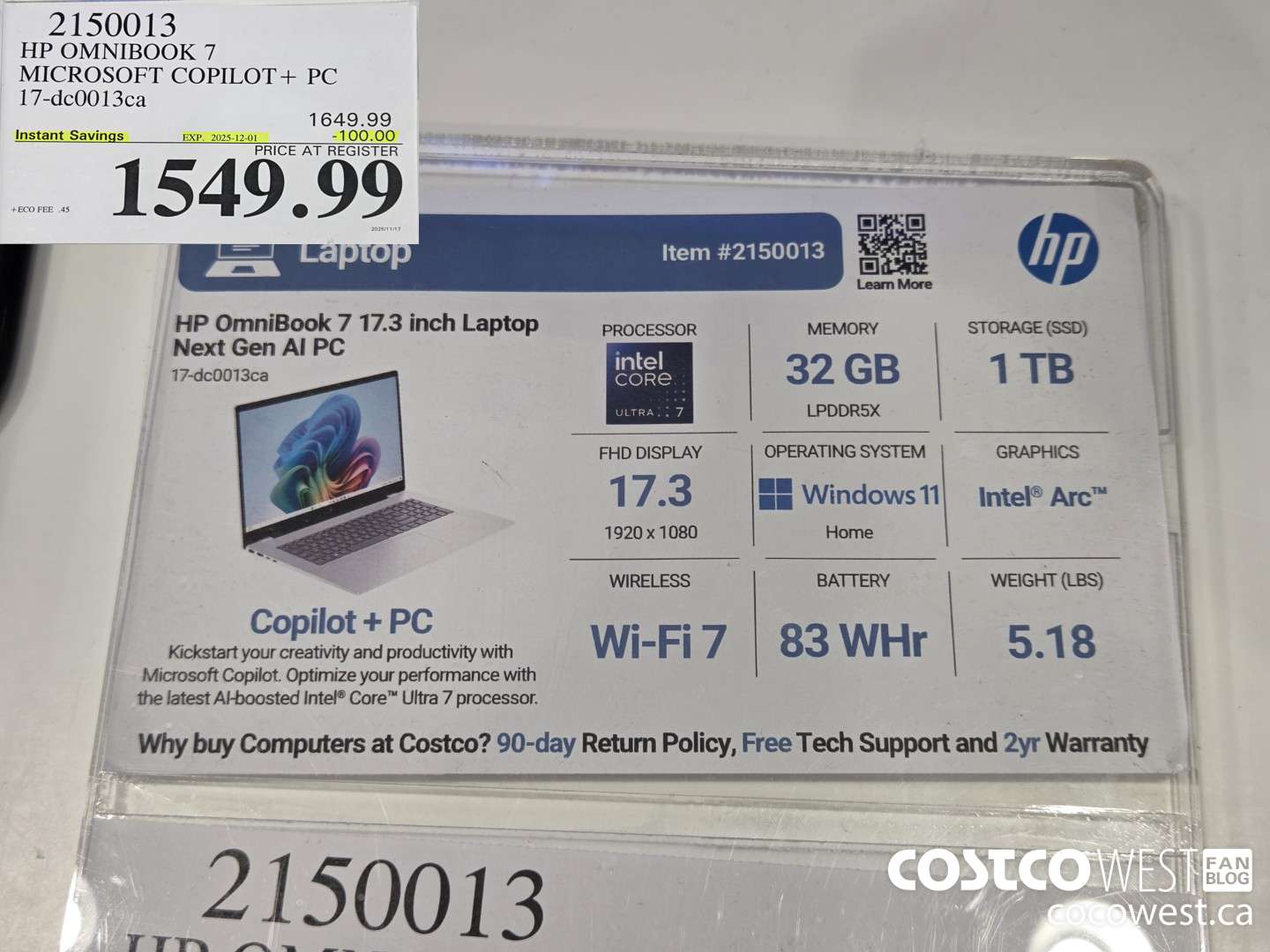 2150013 HP OMNIBOOK 7 MICROSOFT COPILOT+ PC 17-DC0013CA ($100.00 INSTANT SAVINGS EXPIRES ON 2025-12-01) $1549.99