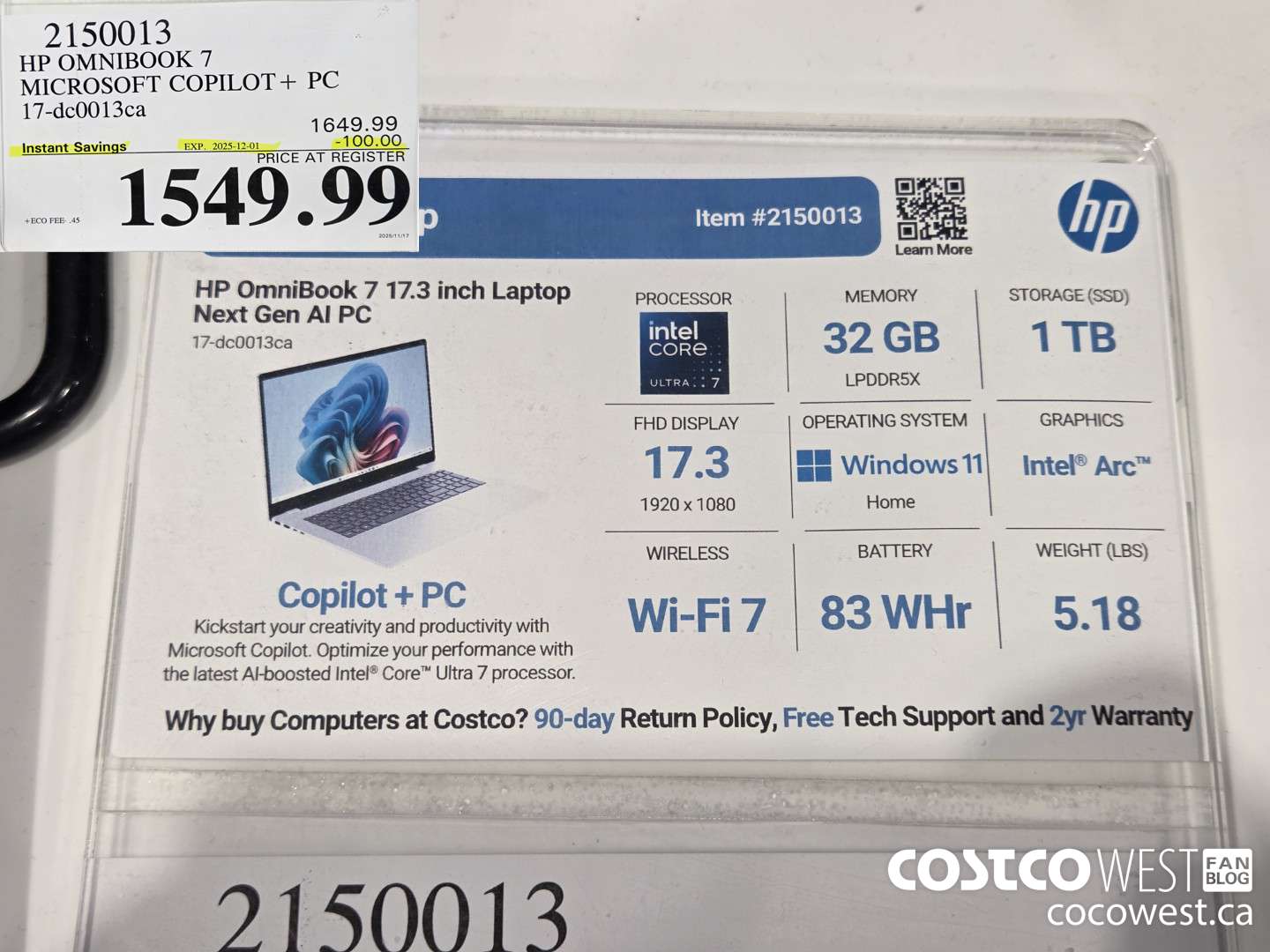 2150013 HP OMNIBOOK 7 MICROSOFT COPILOT+ PC 17-DC0013CA ($100.00 INSTANT SAVINGS EXPIRES ON 2025-12-01) $1549.99