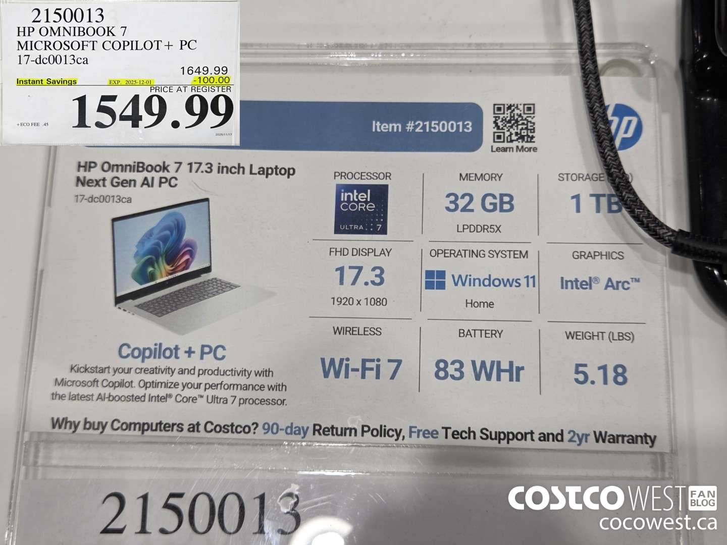 2150013 HP OMNIBOOK 7 MICROSOFT COPILOT+ PC 17-DC0013CA ($100.00 INSTANT SAVINGS EXPIRES ON 2025-12-01) $1549.99