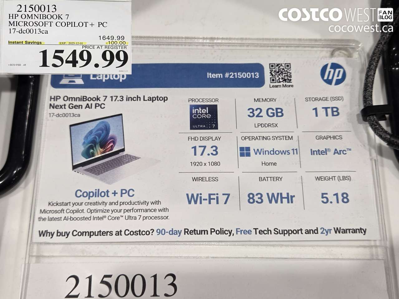 2150013 HP OMNIBOOK 7 MICROSOFT COPILOT+ PC 17-DC0013CA ($100.00 INSTANT SAVINGS EXPIRES ON 2025-12-01) $1549.99