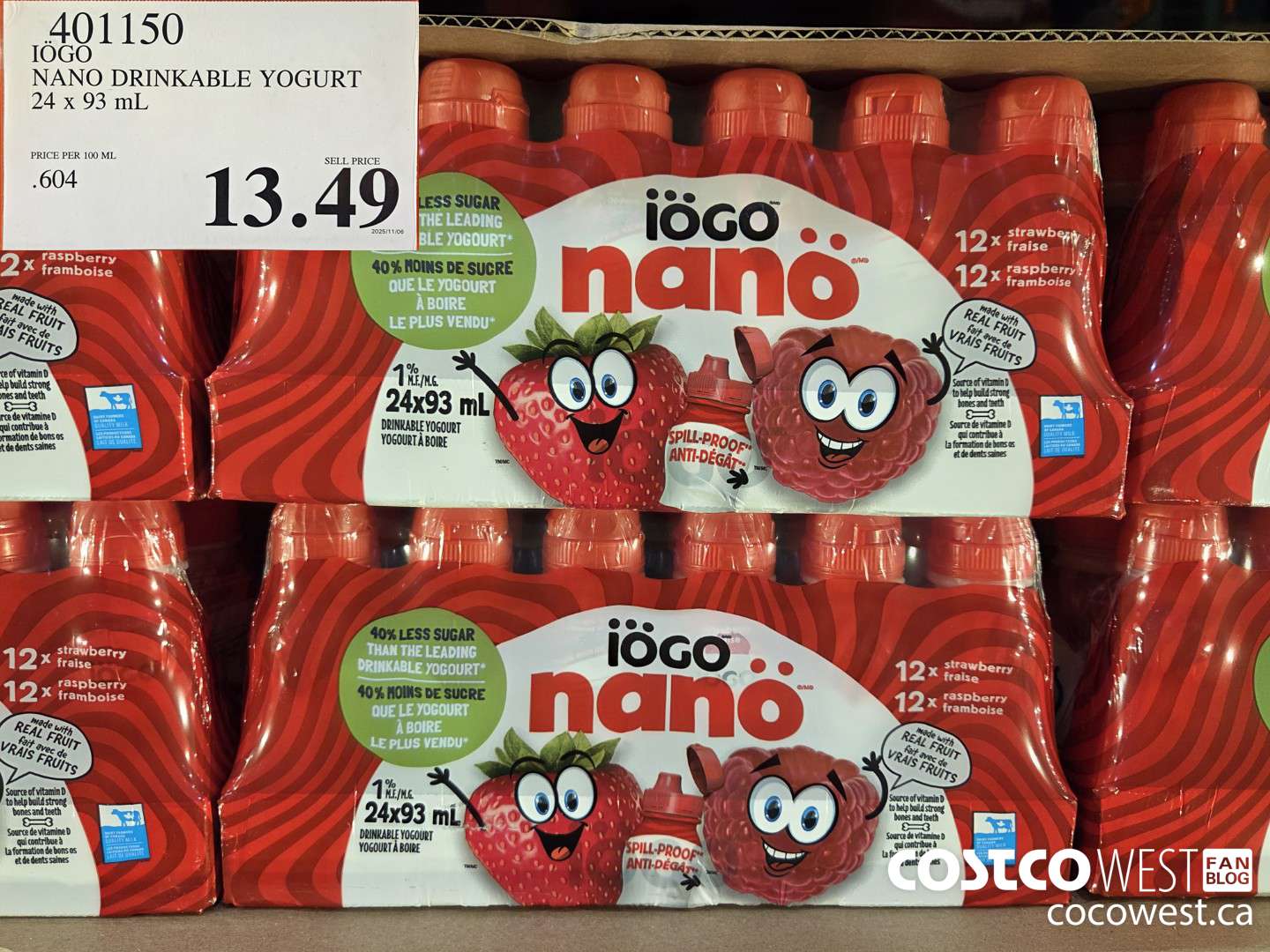 401150 IOGO NANO DRINKABLE YOGURT 24 x 93 mL ($3.00 INSTANT SAVINGS EXPIRES ON 2025-10-05) $9.99
