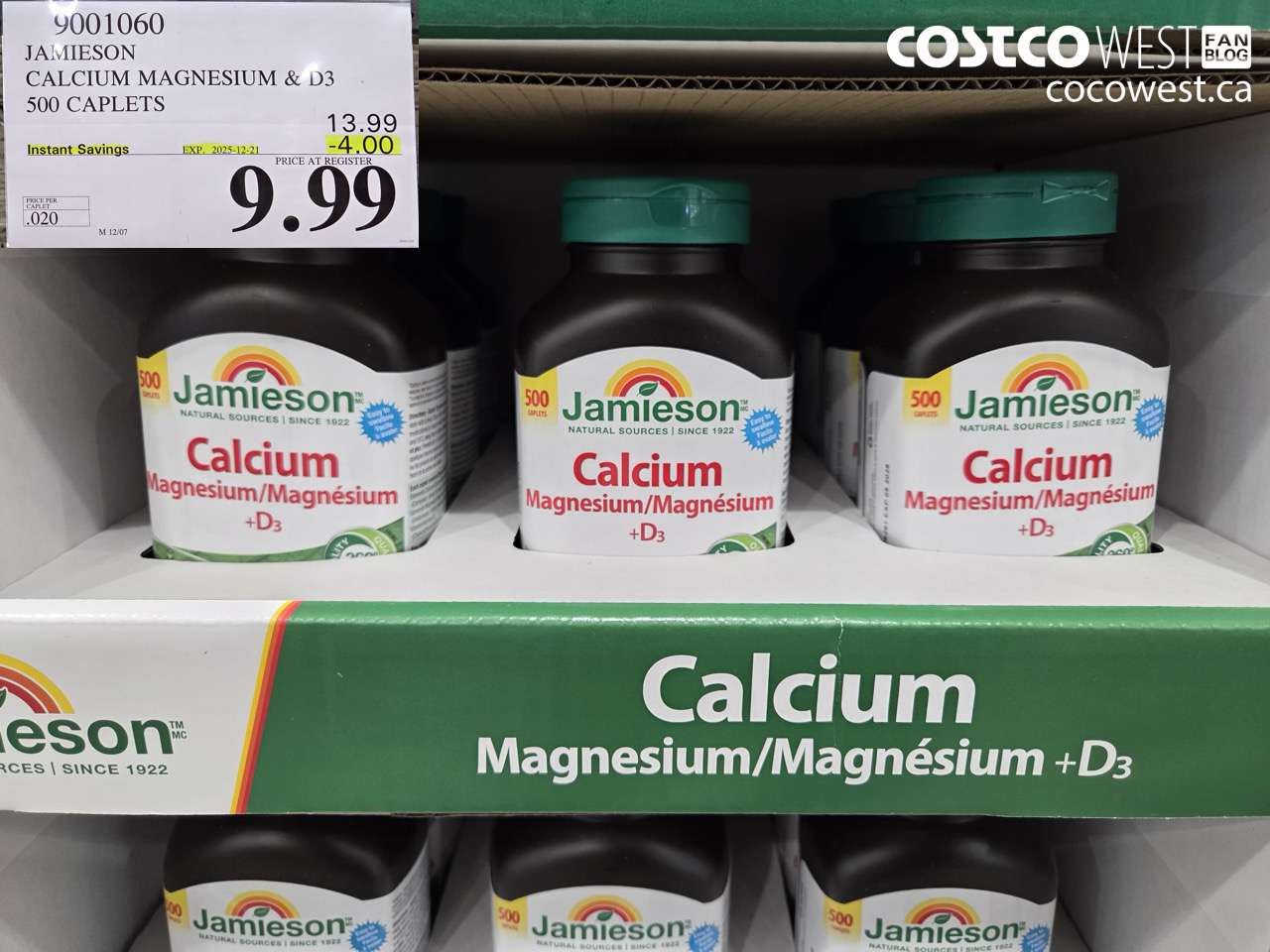9001060 JAMIESON CALCIUM MAGNESIUM W/ VIT D 500 CAPLETS ($4.00 INSTANT SAVINGS EXPIRES ON 2025-12-21) $9.99