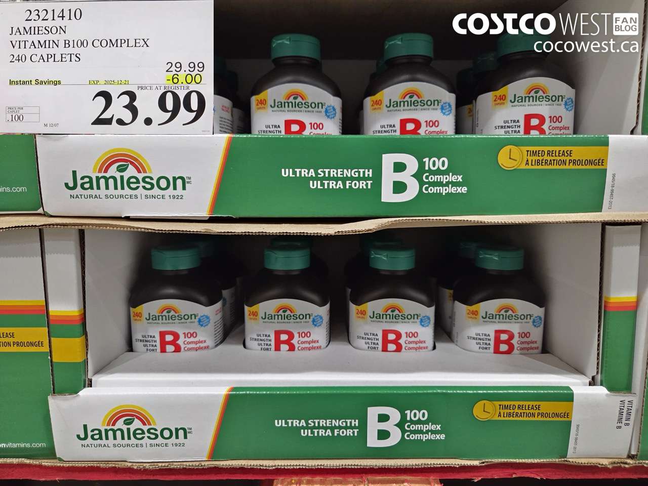 2321410 JAMIESON VITAMIN B100 COMPLEX 240 CAPLETS ($6.00 INSTANT SAVINGS EXPIRES ON 2025-12-21) $23.99