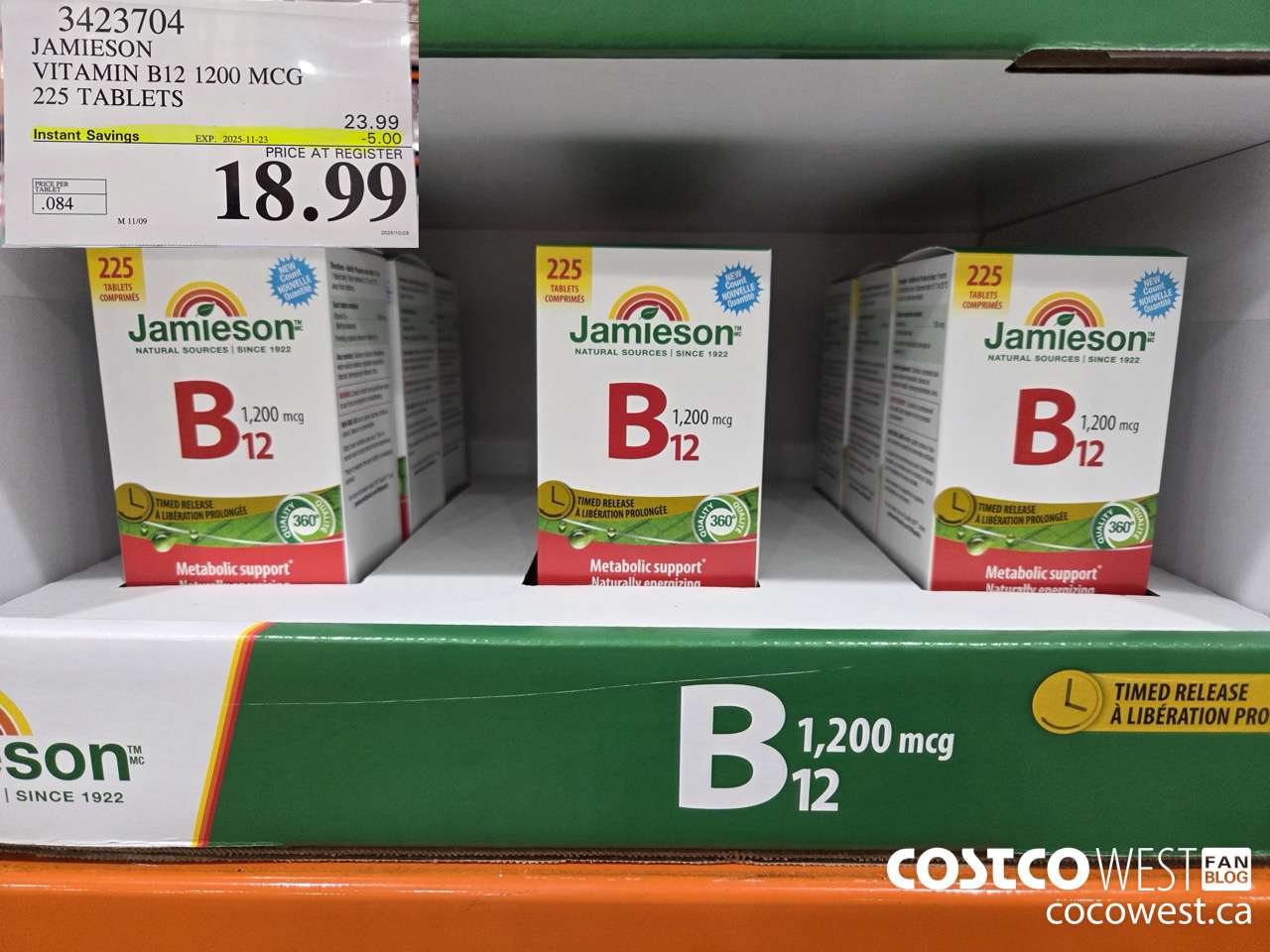 3423704 JAMIESON VITAMIN B12 1200 MCG 225 TABLETS ($5.00 INSTANT SAVINGS EXPIRES ON 2025-11-23) $18.99