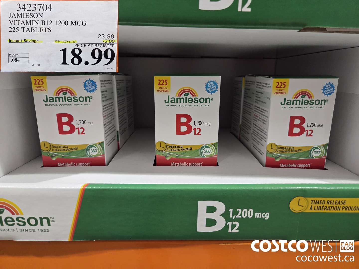 3423704 JAMIESON VITAMIN B12 1200 MCG 225 TABLETS ($5.00 INSTANT SAVINGS EXPIRES ON 2025-11-23) $18.99