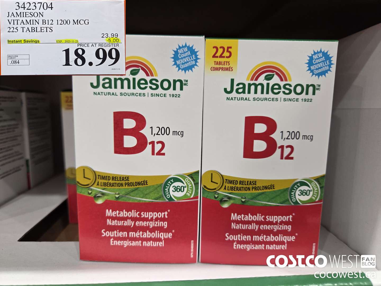 3423704 JAMIESON VITAMIN B12 1200 MCG 225 TABLETS ($5.00 INSTANT SAVINGS EXPIRES ON 2025-11-23) $18.99