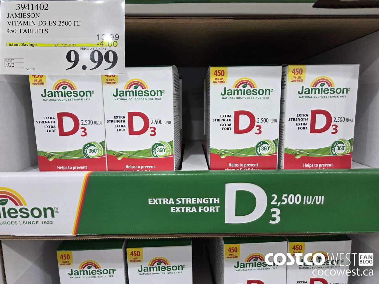 3941402 JAMIESON VITAMIN D3 2500IU 450 TABLETS ($4.00 INSTANT SAVINGS EXPIRES ON 2025-11-23) $9.99