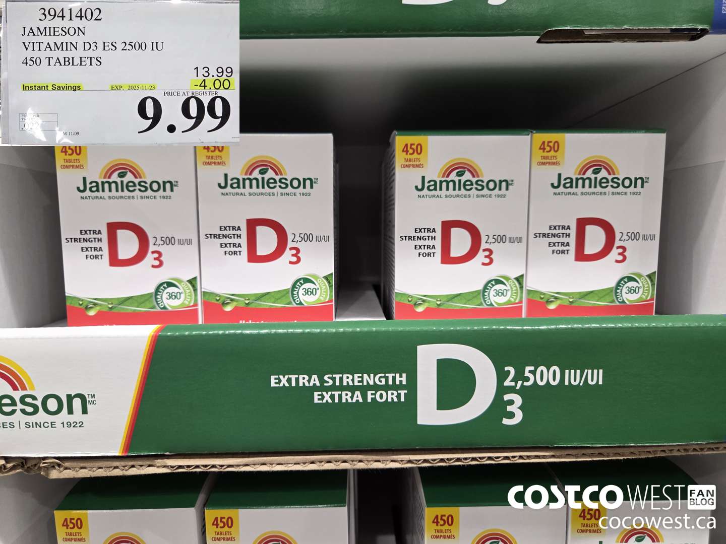 3941402 JAMIESON VITAMIN D3 2500IU 450 TABLETS ($4.00 INSTANT SAVINGS EXPIRES ON 2025-11-23) $9.99
