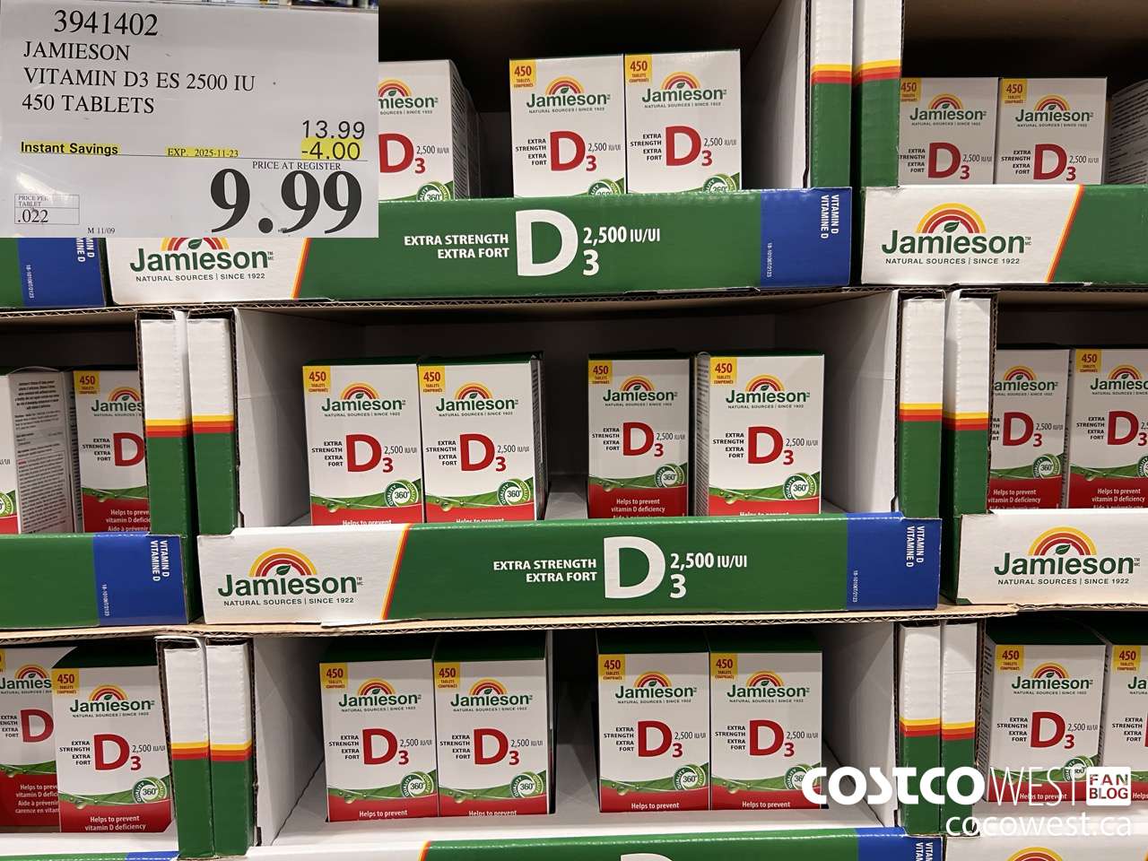 3941402 JAMIESON VITAMIN D3 2500IU 450 TABLETS ($4.00 INSTANT SAVINGS EXPIRES ON 2025-11-23) $9.99