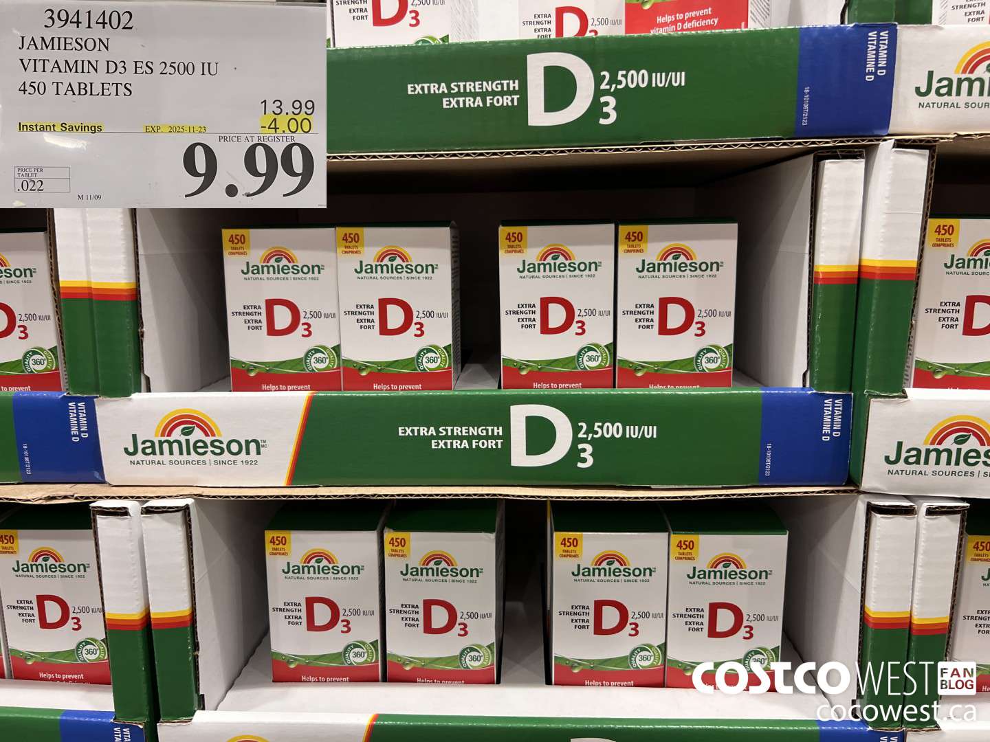 3941402 JAMIESON VITAMIN D3 2500IU 450 TABLETS ($4.00 INSTANT SAVINGS EXPIRES ON 2025-11-23) $9.99