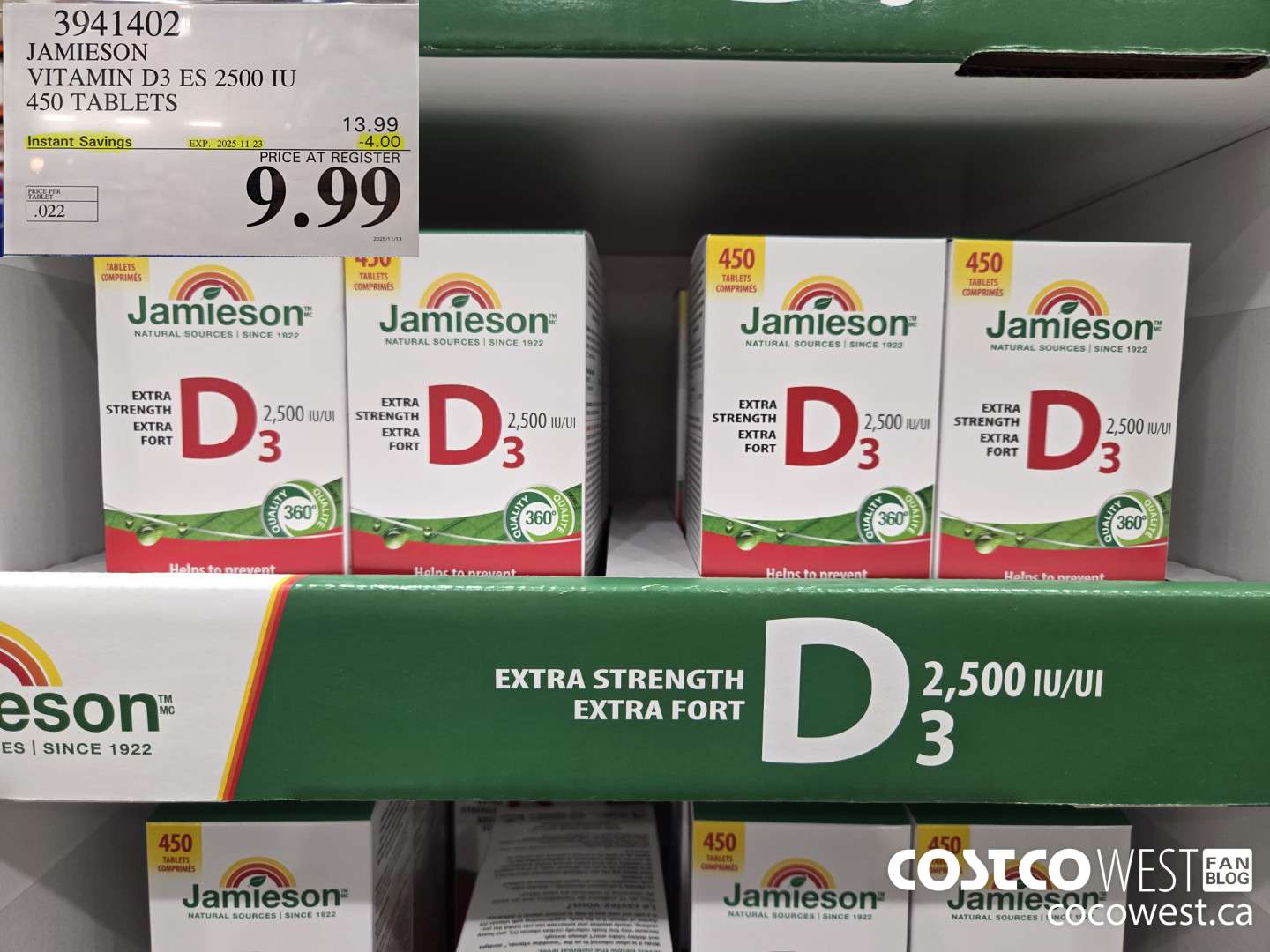 3941402 JAMIESON VITAMIN D3 2500IU 450 TABLETS ($4.00 INSTANT SAVINGS EXPIRES ON 2025-11-23) $9.99