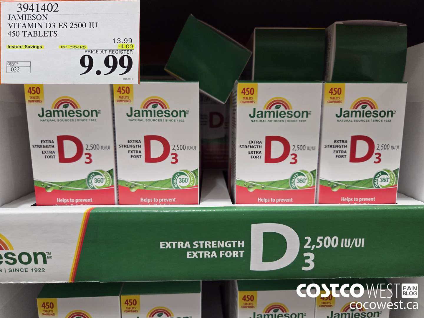 3941402 JAMIESON VITAMIN D3 2500IU 450 TABLETS ($4.00 INSTANT SAVINGS EXPIRES ON 2025-11-23) $9.99