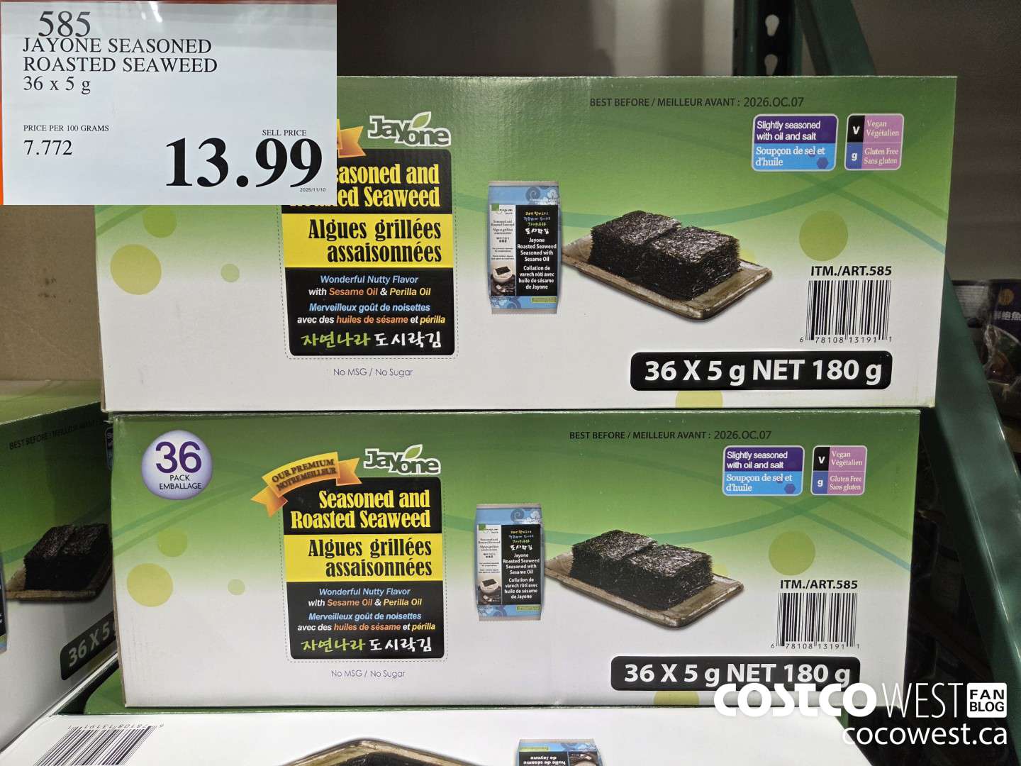 585 JAYONE SEASONED ROASTED SEAWEED 36 x 5 g $13.99