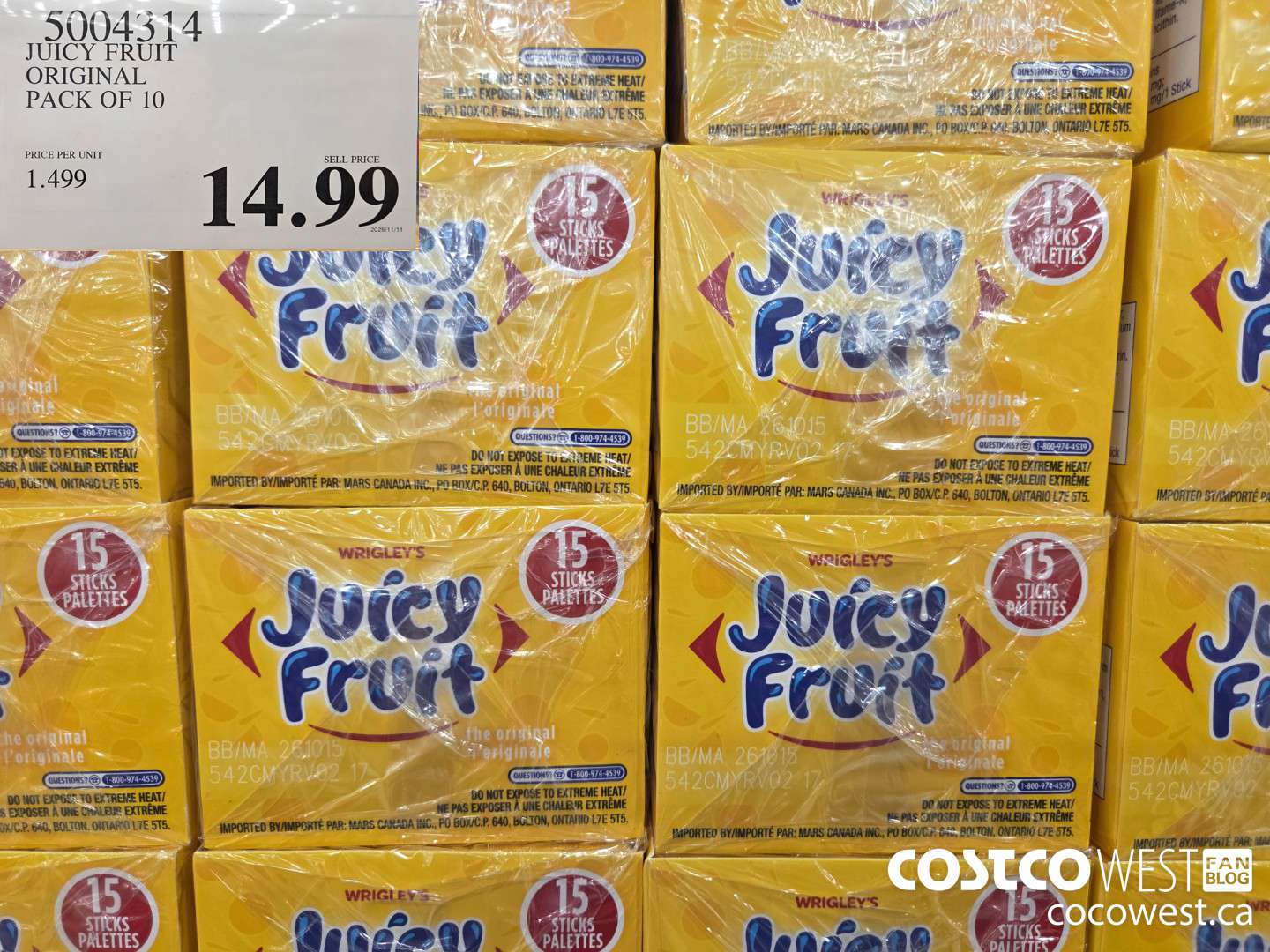 5004314 JUICY FRUIT ORIGINAL PACK OF 10 $14.99
