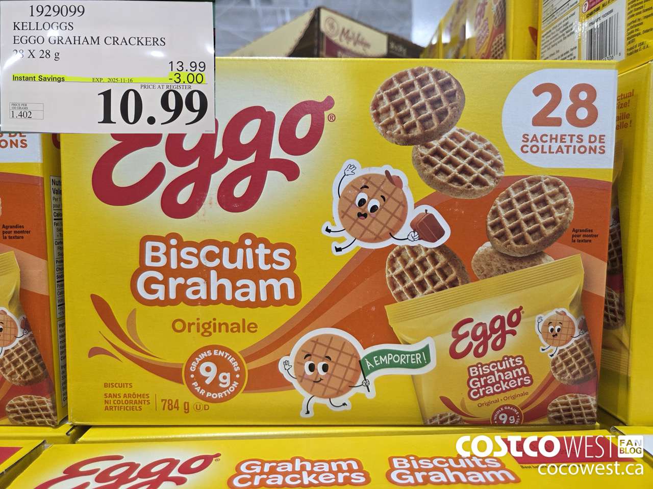 1929099 KELLOGGS EGGO GRAHAM CRACKERS ORIGINAL 28 X 28G ($3.00 INSTANT SAVINGS EXPIRES ON 2025-11-16) $10.99