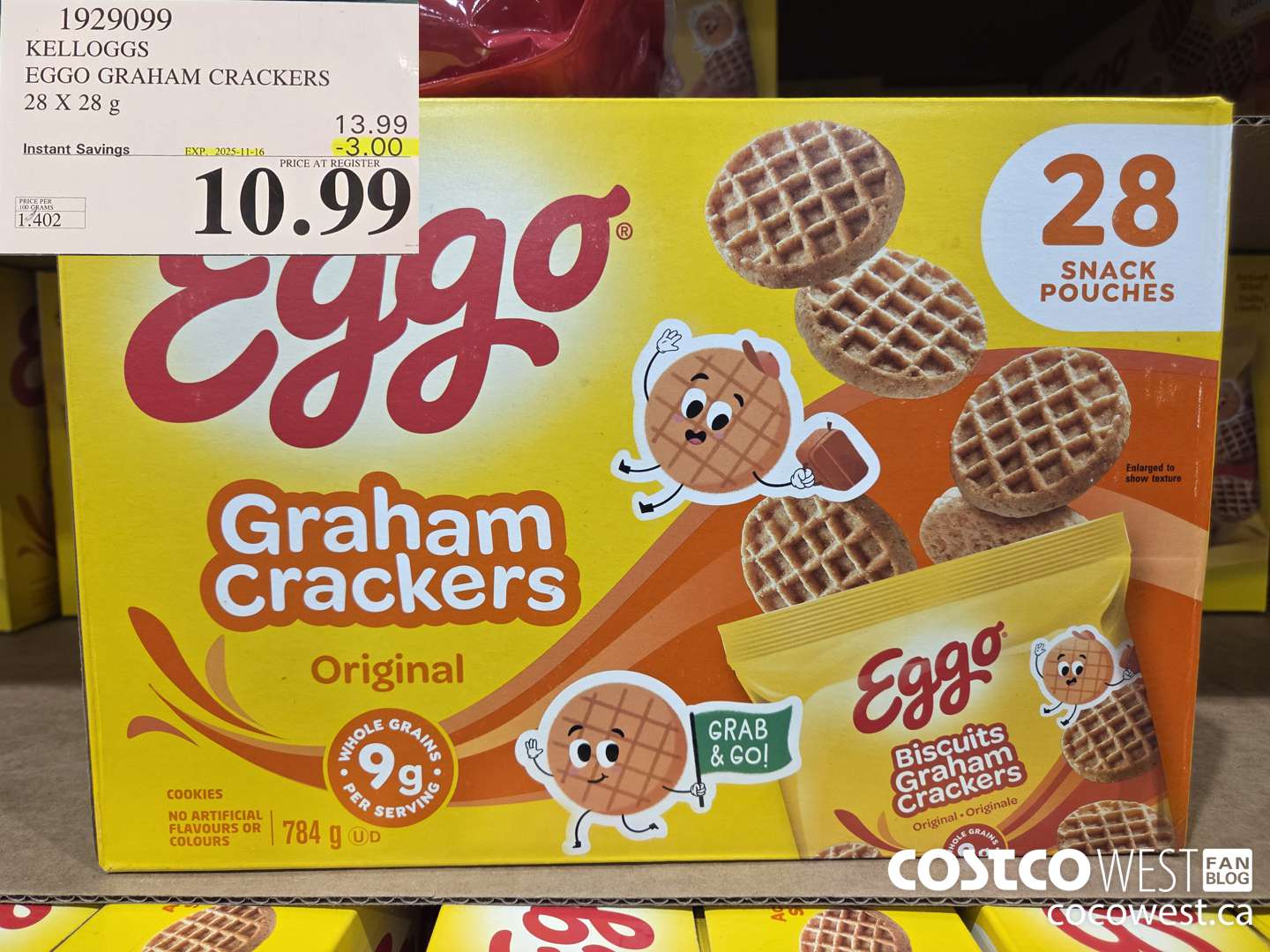 1929099 KELLOGGS EGGO GRAHAM CRACKERS ORIGINAL 28 X 28G ($3.00 INSTANT SAVINGS EXPIRES ON 2025-11-16) $10.99