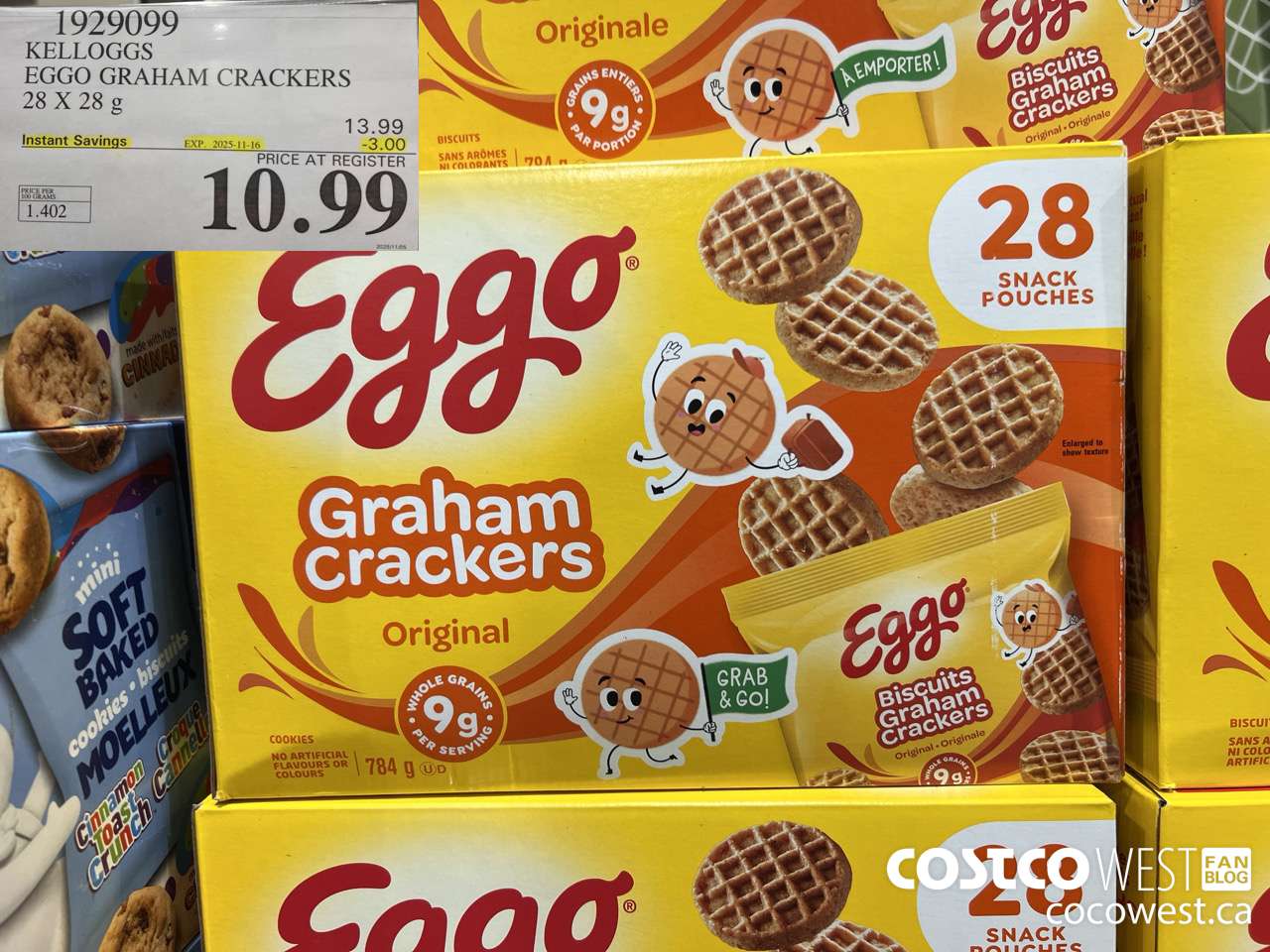 1929099 KELLOGGS EGGO GRAHAM CRACKERS ORIGINAL 28 X 28G ($3.00 INSTANT SAVINGS EXPIRES ON 2025-11-16) $10.99
