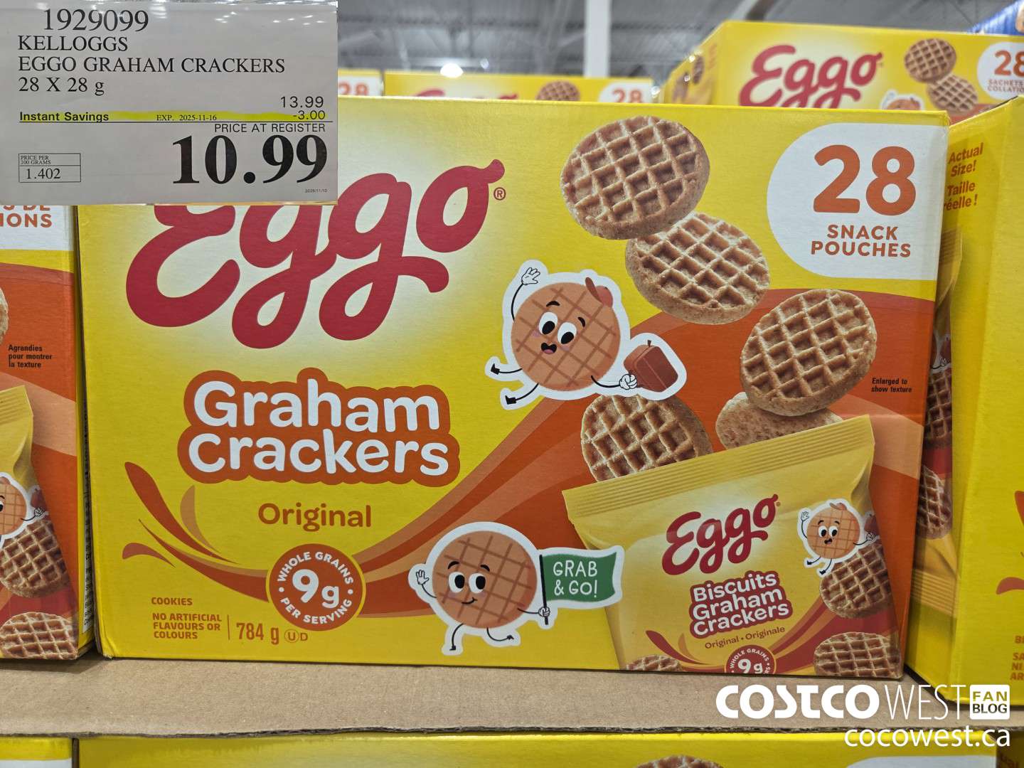 1929099 KELLOGGS EGGO GRAHAM CRACKERS ORIGINAL 28 X 28G ($3.00 INSTANT SAVINGS EXPIRES ON 2025-11-16) $10.99