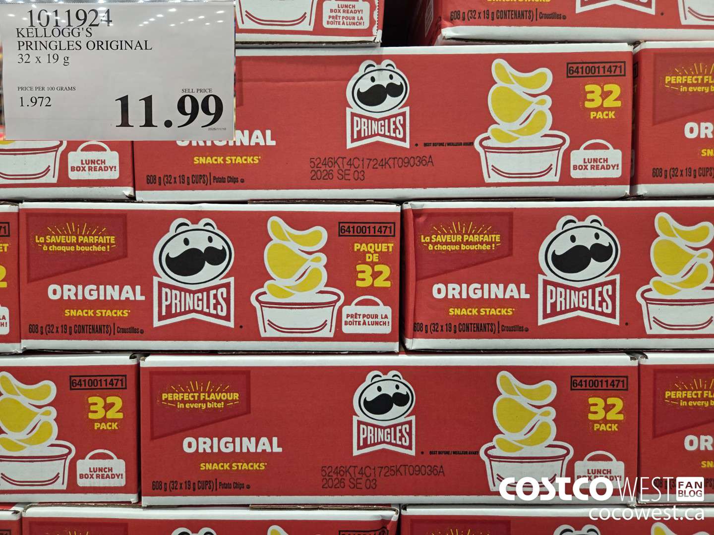 1011924 KELLOGG'S PRINGLES ORIGINAL 32 x 19 g $11.99