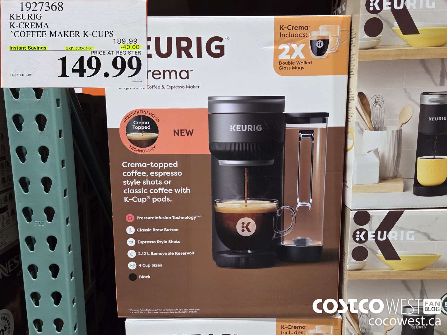 1927368 KEURIG K-CREMA COFFEE MAKER K-CUPS ($40.00 INSTANT SAVINGS EXPIRES ON 2025-11-30) $149.99