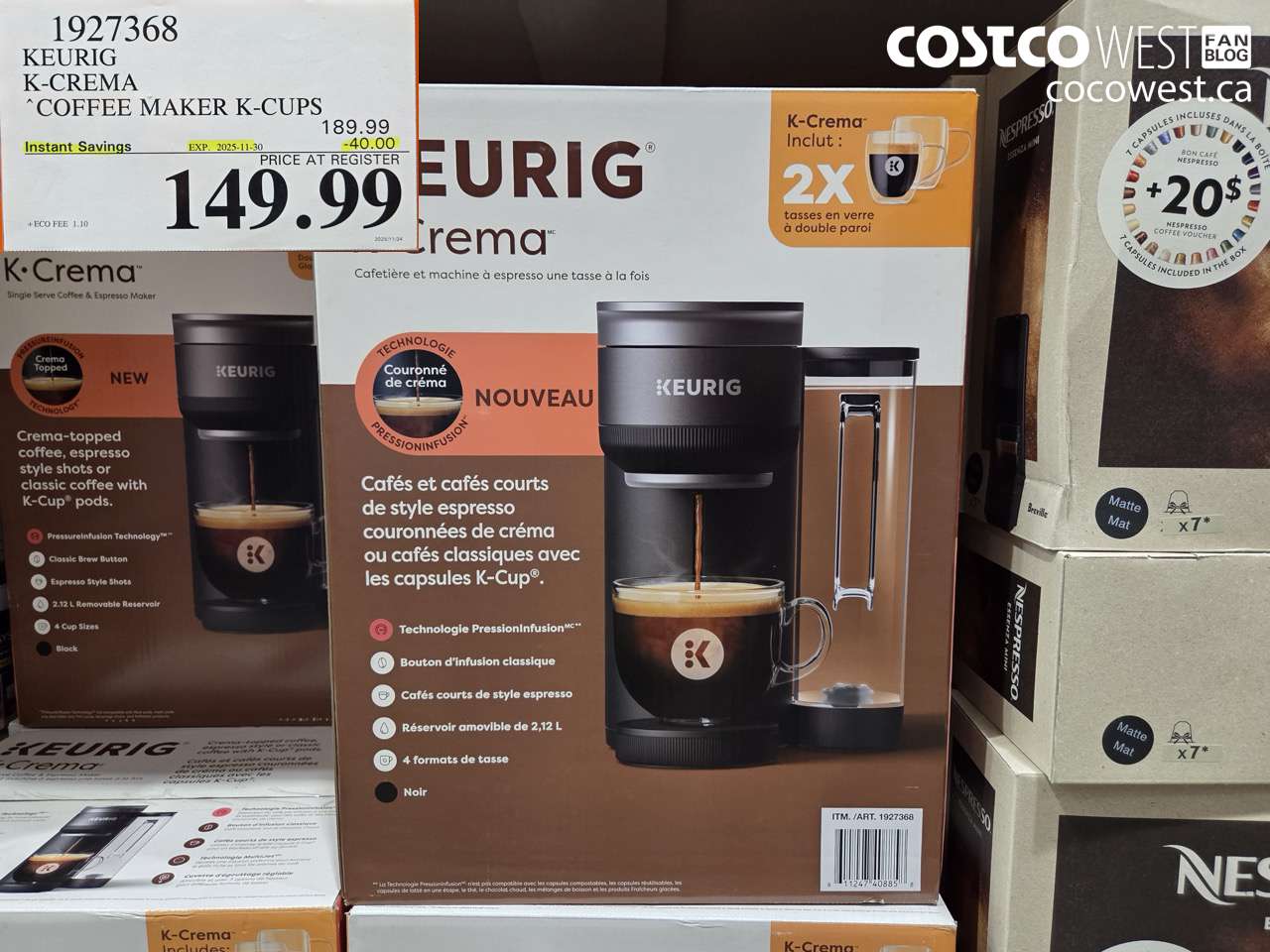 1927368 KEURIG K-CREMA COFFEE MAKER K-CUPS ($40.00 INSTANT SAVINGS EXPIRES ON 2025-11-30) $149.99