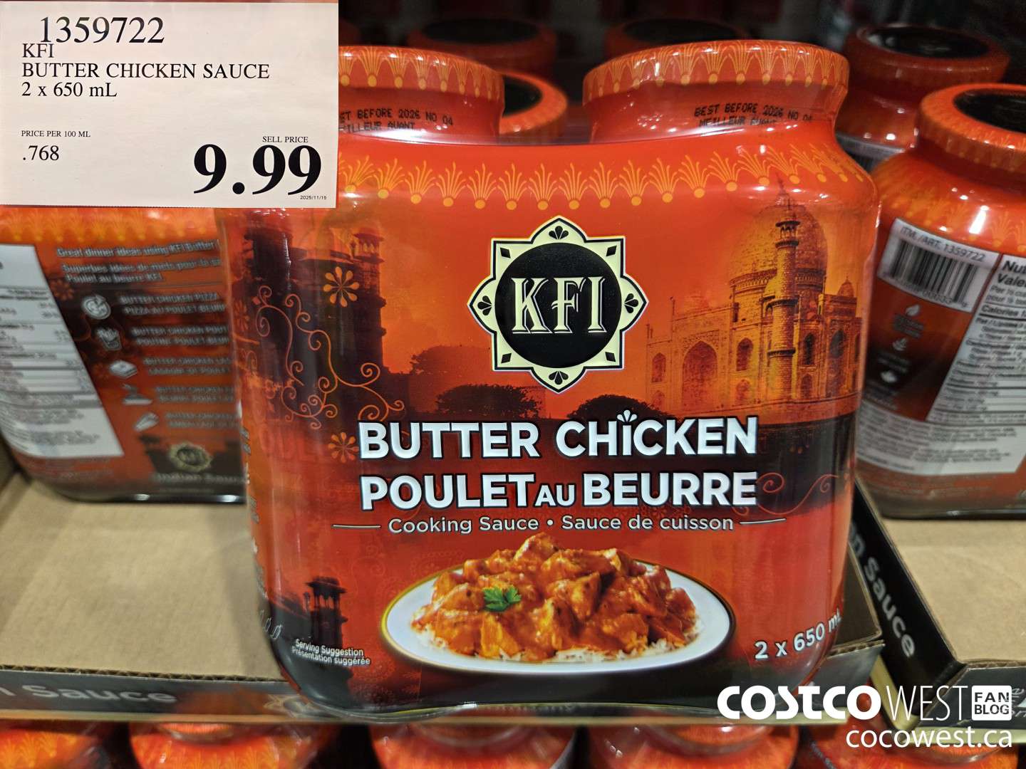 1359722 KFI BUTTER CHICKEN SAUCE 2 x 650 mL $9.99
