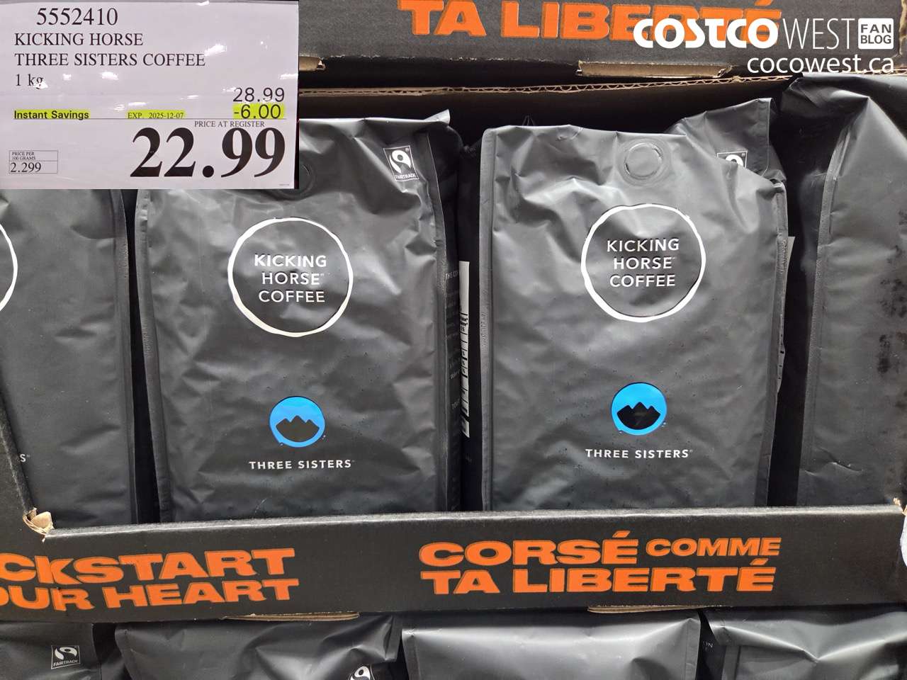 5552410 KICKING HORSE THREE SISTERS COFFEE 1KG ($6.00 INSTANT SAVINGS EXPIRES ON 2025-12-07) $22.99