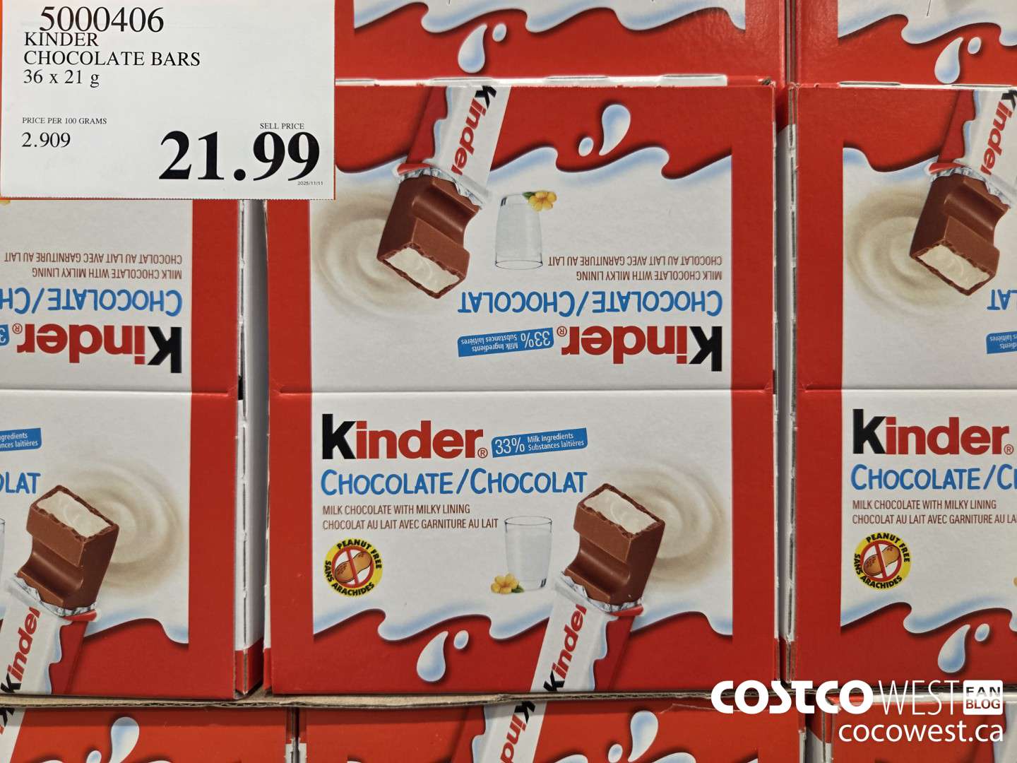 5000406 KINDER CHOCOLATE BARS 36 x 21 g $21.99