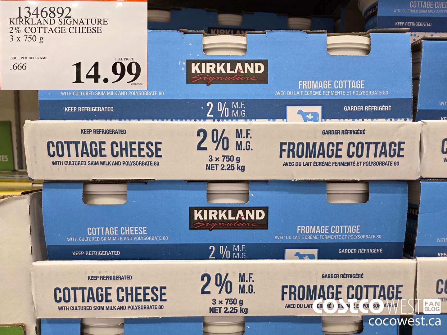 1346892 KIRKLAND SIGNATURE 2% COTTAGE CHEESE 3 x 750 g $14.99