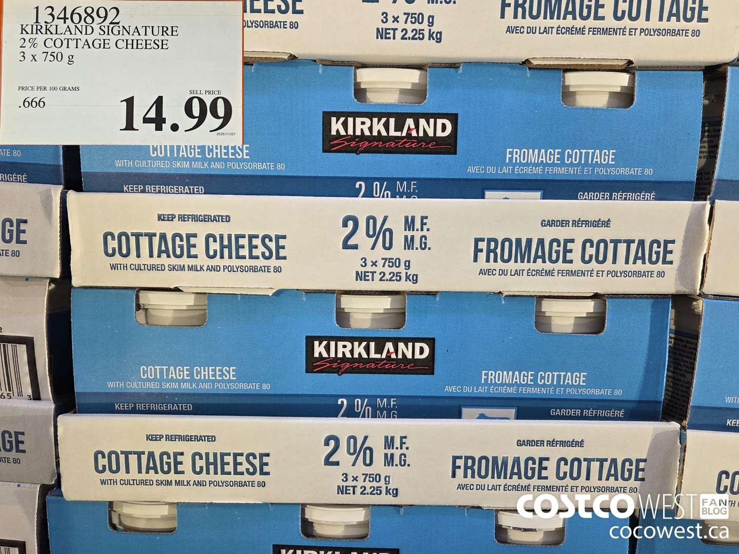 1346892 KIRKLAND SIGNATURE 2% COTTAGE CHEESE 3 x 750 g $14.99
