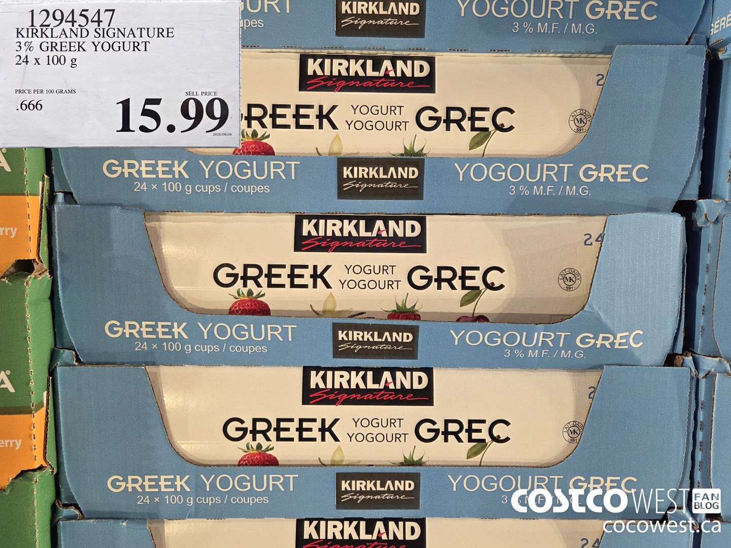 1294547 KIRKLAND SIGNATURE 3% GREEK YOGURT 24 X 100G $15.99