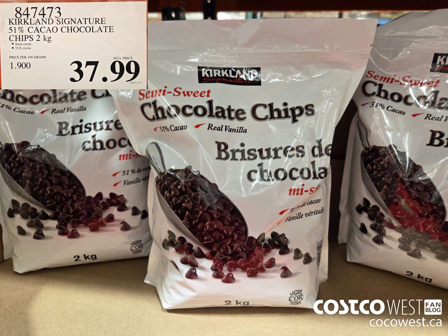 847473 KIRKLAND SIGNATURE 51% CACAO CHOCOLATE CHIPS 2 kg $37.99