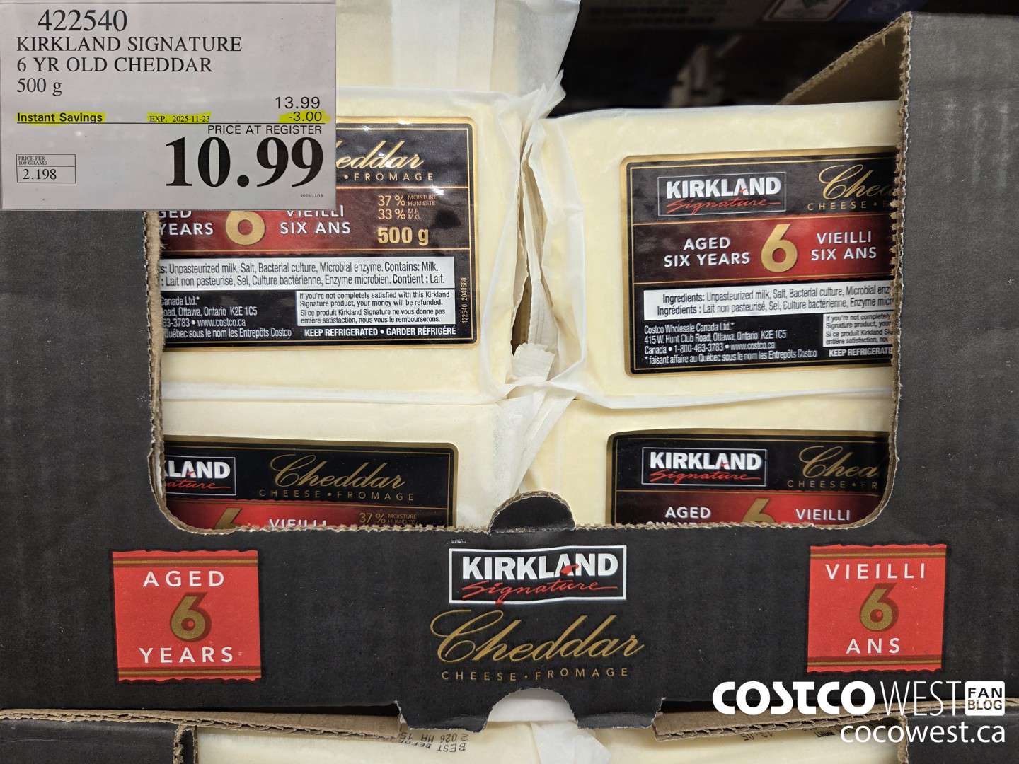 422540 KIRKLAND SIGNATURE 6 YR OLD CHEDDAR 500 g ($3.00 INSTANT SAVINGS EXPIRES ON 2025-11-23) $10.99