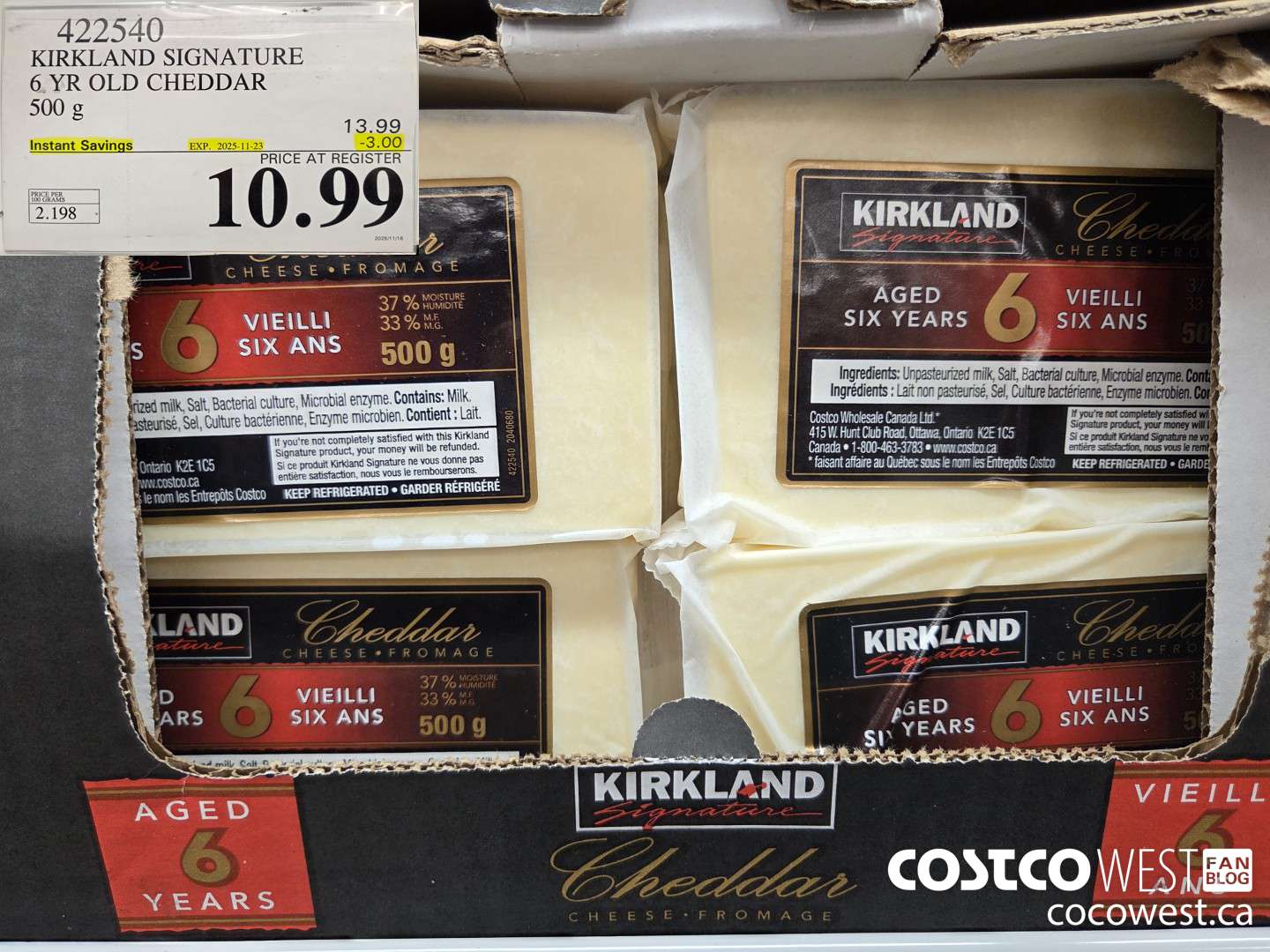 422540 KIRKLAND SIGNATURE 6 YR OLD CHEDDAR 500 g ($3.00 INSTANT SAVINGS EXPIRES ON 2025-11-23) $10.99