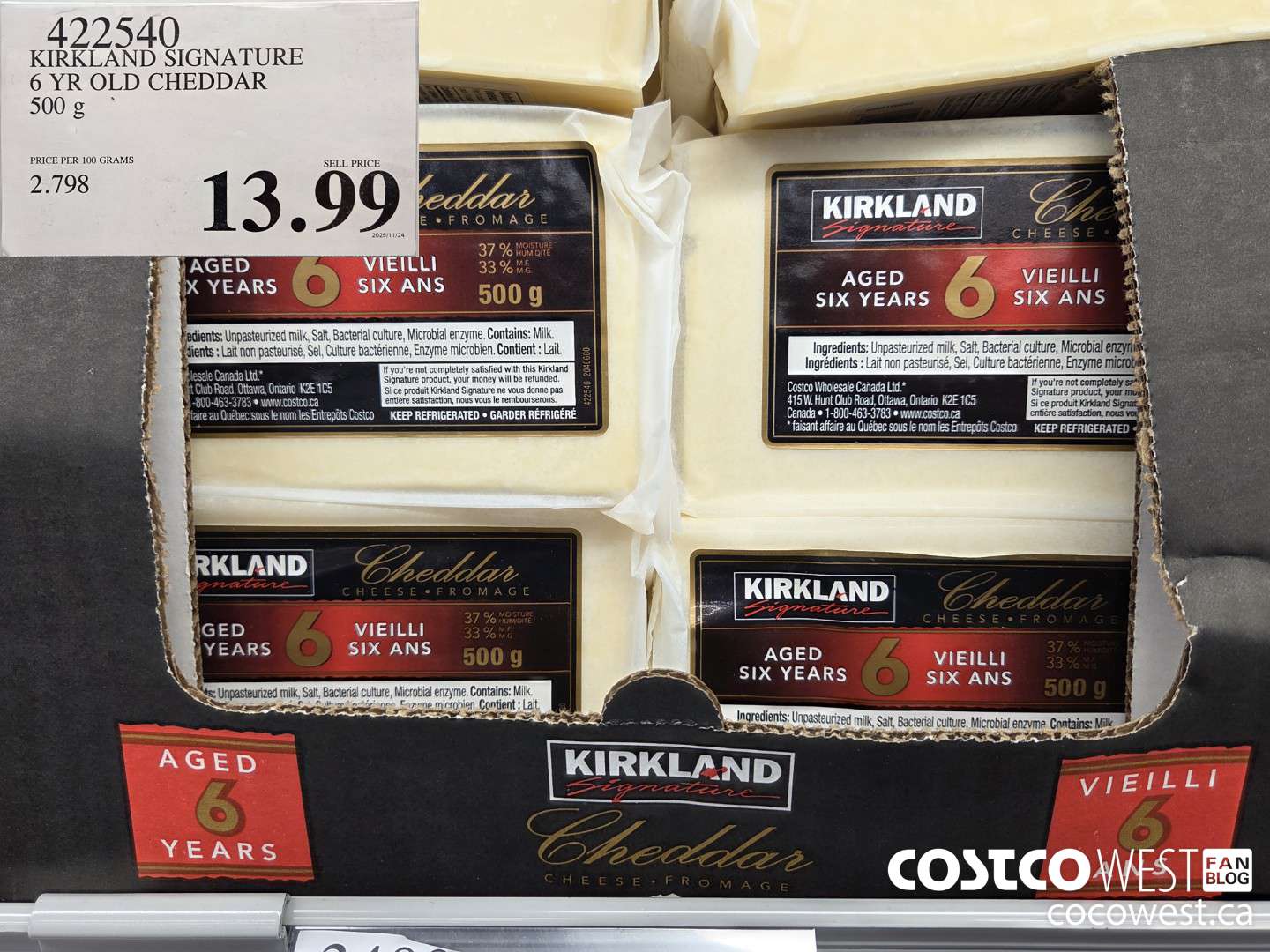 422540 KIRKLAND SIGNATURE 6 YR OLD CHEDDAR 500 g $13.99