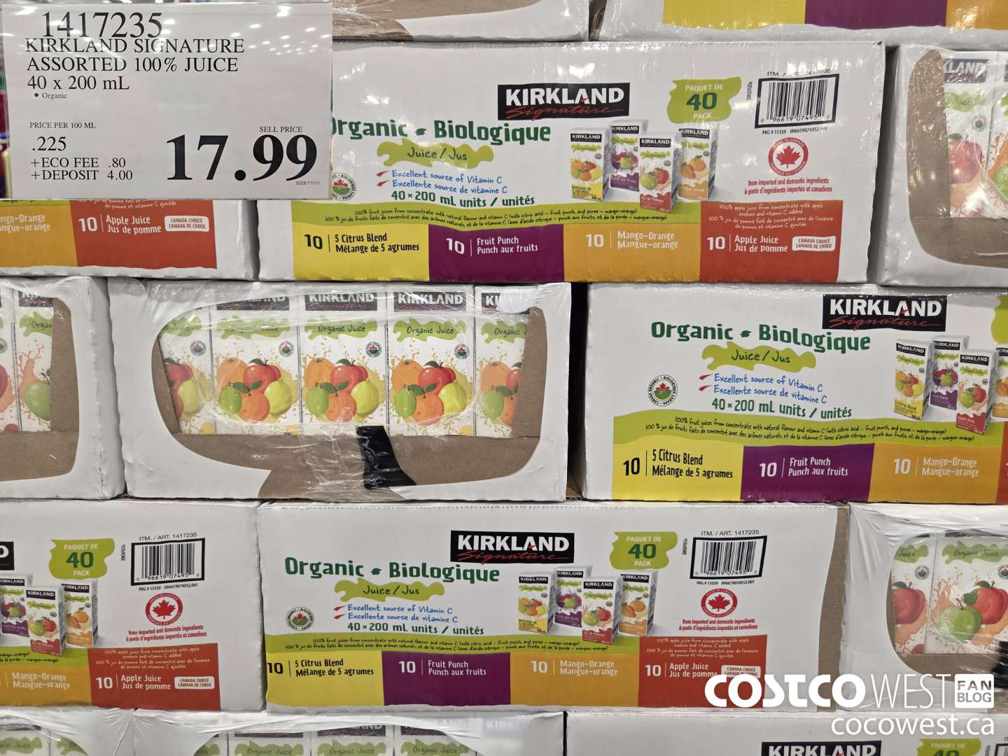 1417235 KIRKLAND SIGNATURE ASSORTED 100% JUICE 40 x 200 mL $17.99