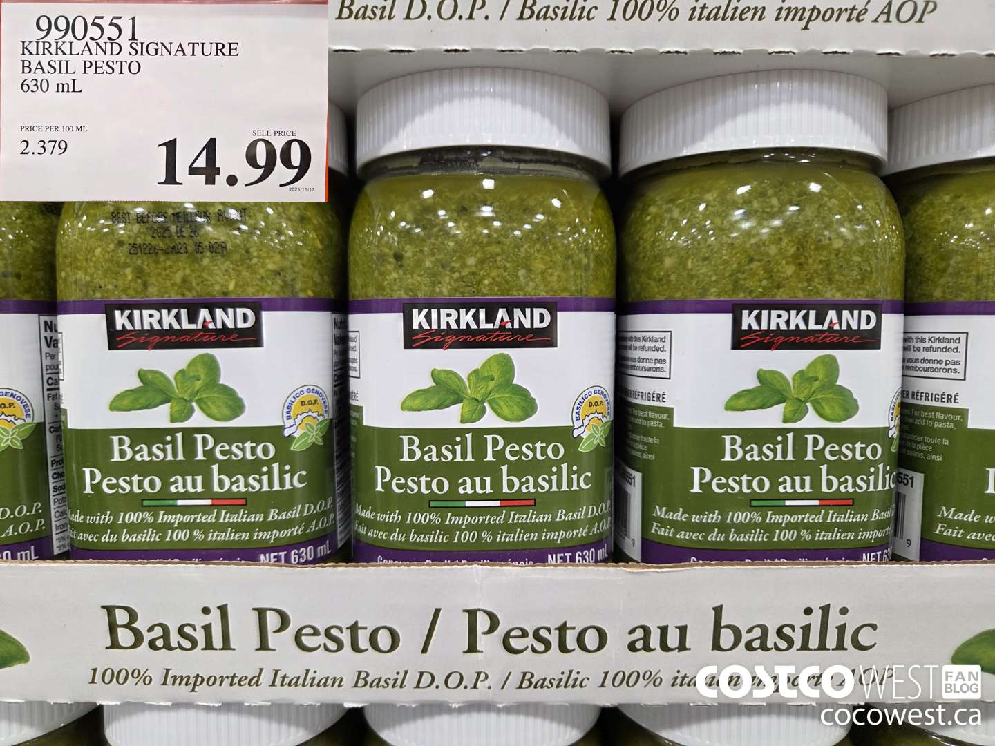 990551 KIRKLAND SIGNATURE BASIL PESTO 630 mL $14.99