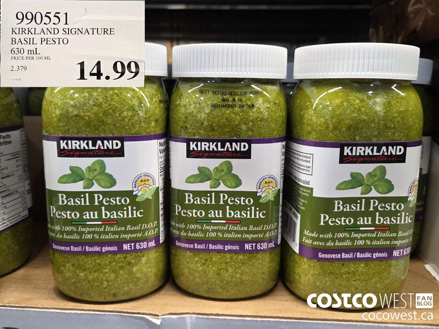 990551 KIRKLAND SIGNATURE BASIL PESTO 630 mL $14.99