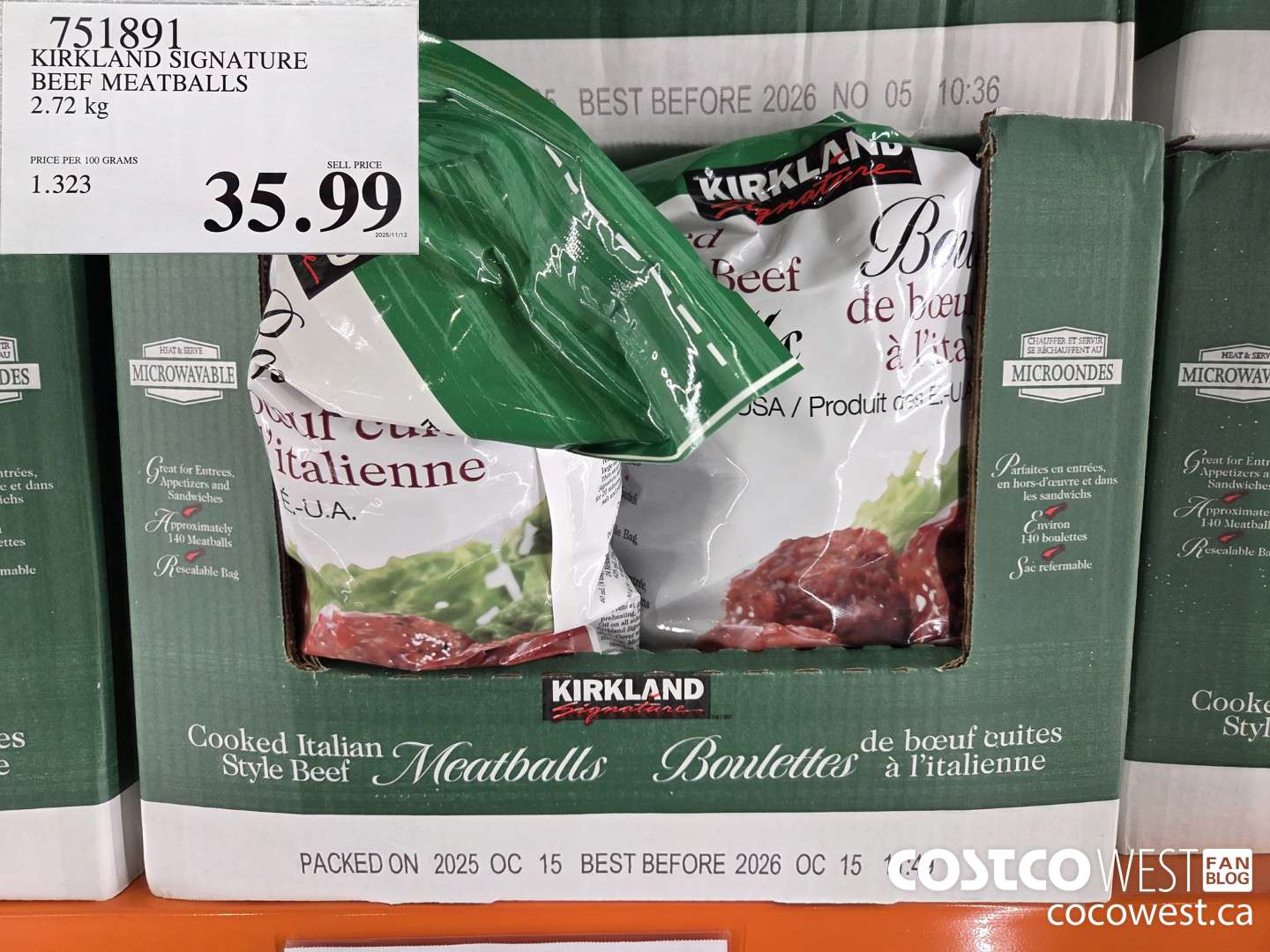751891 KIRKLAND SIGNATURE BEEF MEATBALLS 2.72 kg $35.99