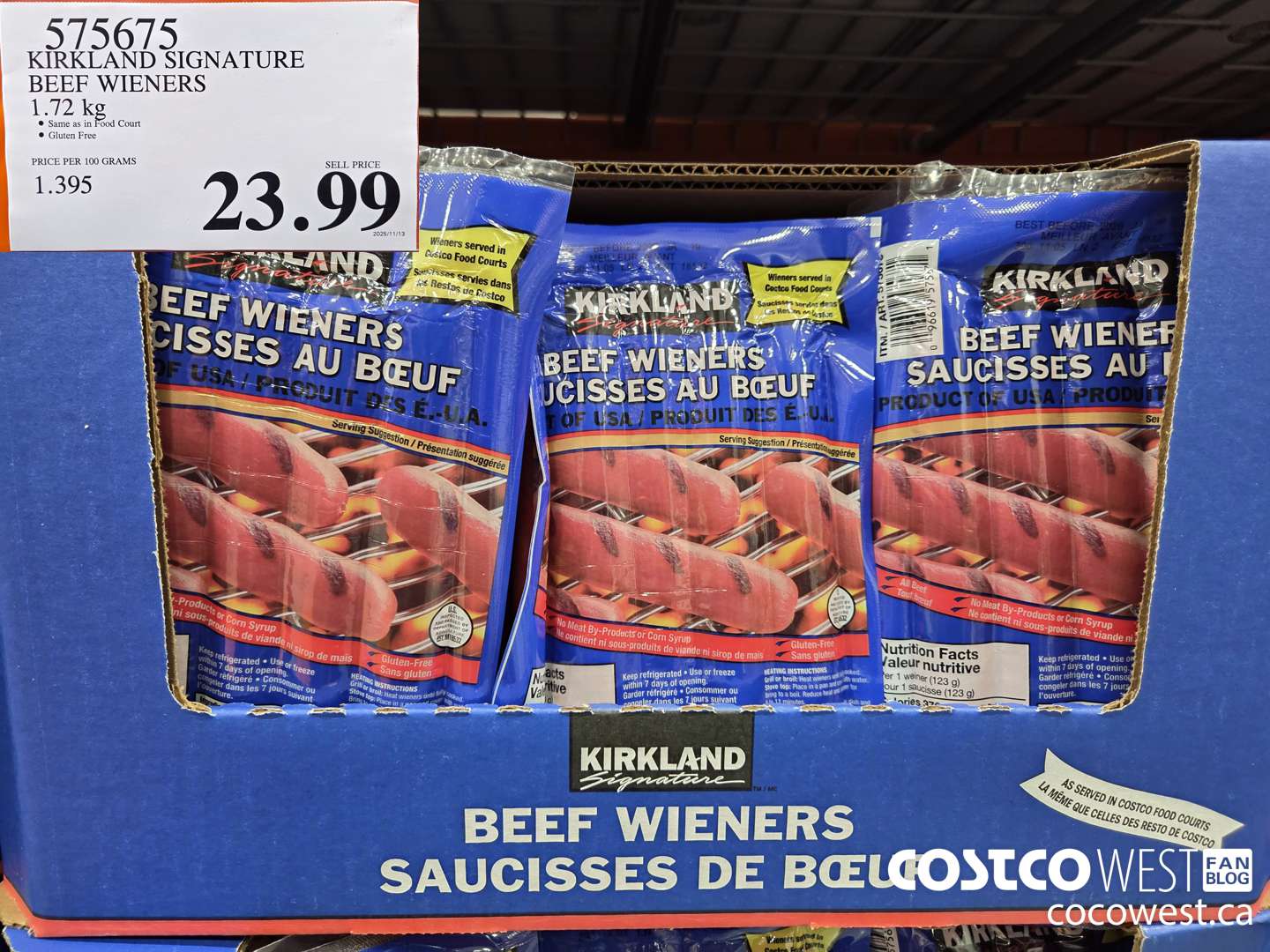 575675 KIRKLAND SIGNATURE BEEF WIENERS 1.72 kg $23.99